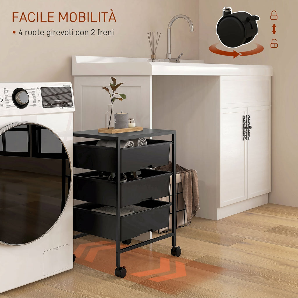 HOMCOM Multipurpose Trolley with 3 Removable Baskets and Wheels for Kitchen and Office in Steel and PP, Black