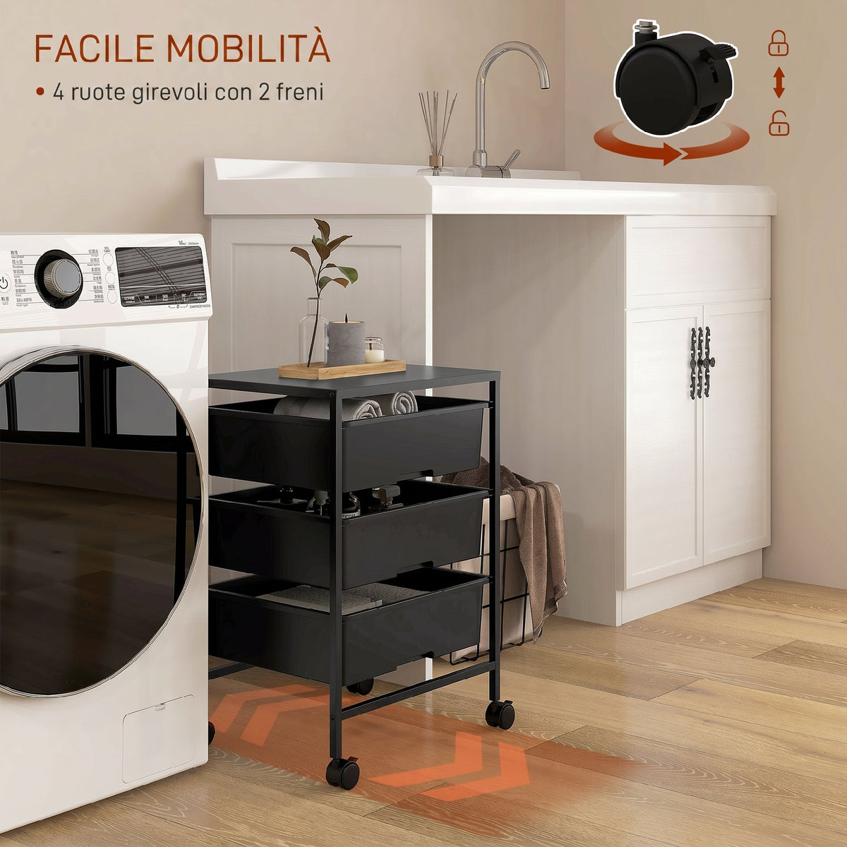 HOMCOM Multipurpose Trolley with 3 Removable Baskets and Wheels for Kitchen and Office in Steel and PP, Black