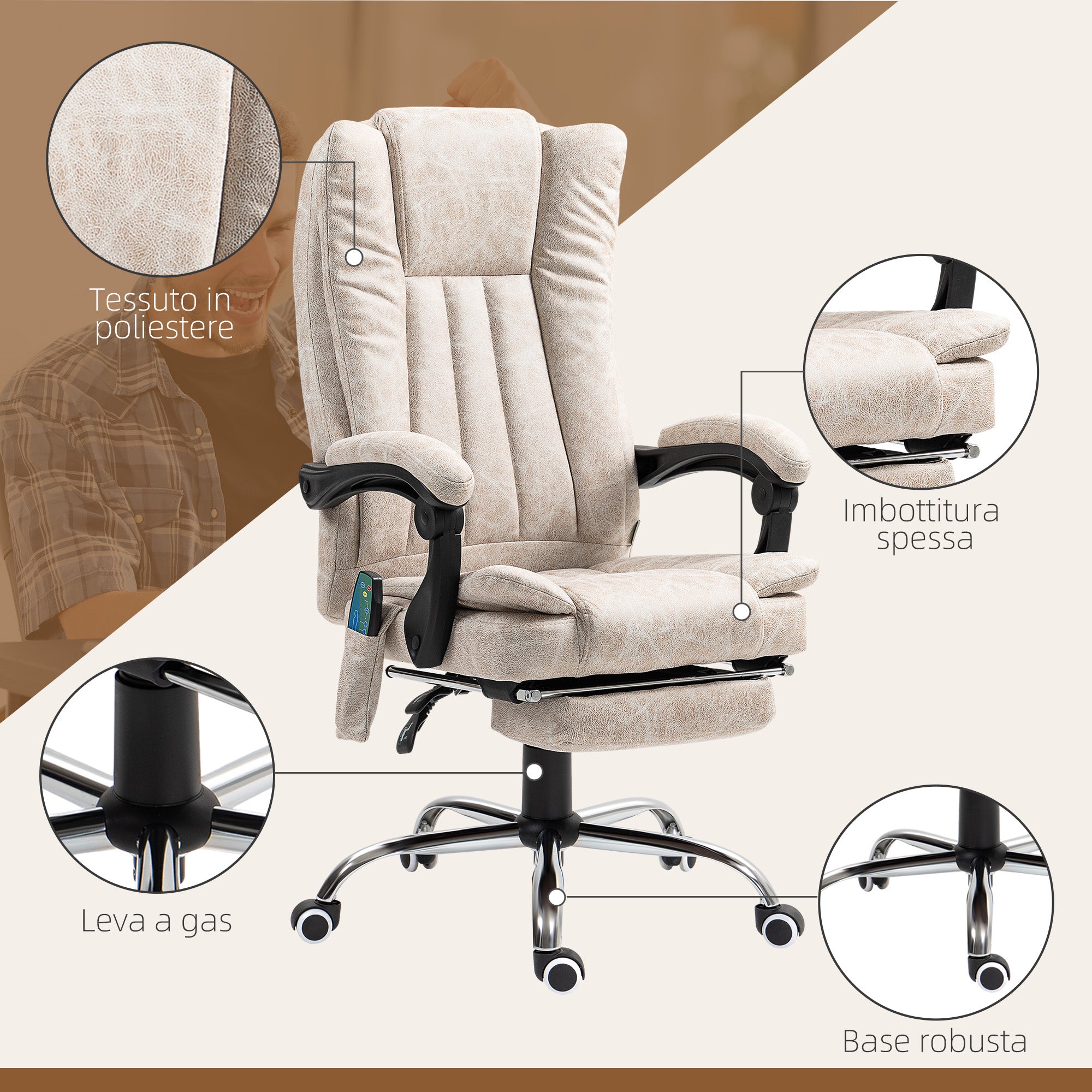 Massage and Heated Office Chair with Footrest, Microfiber, 62x70x113-120 cm, Cream