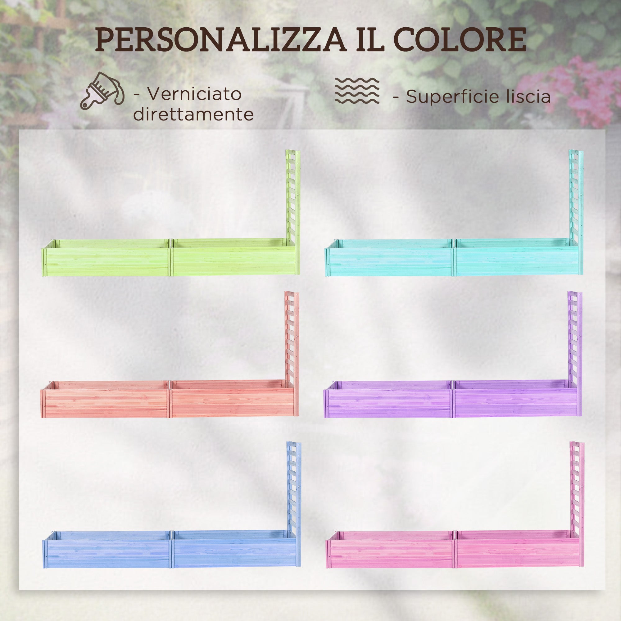 Planter with Trellis for Climbing and Open Bottom, in Fir Wood, 230x60x110 cm, Wood color