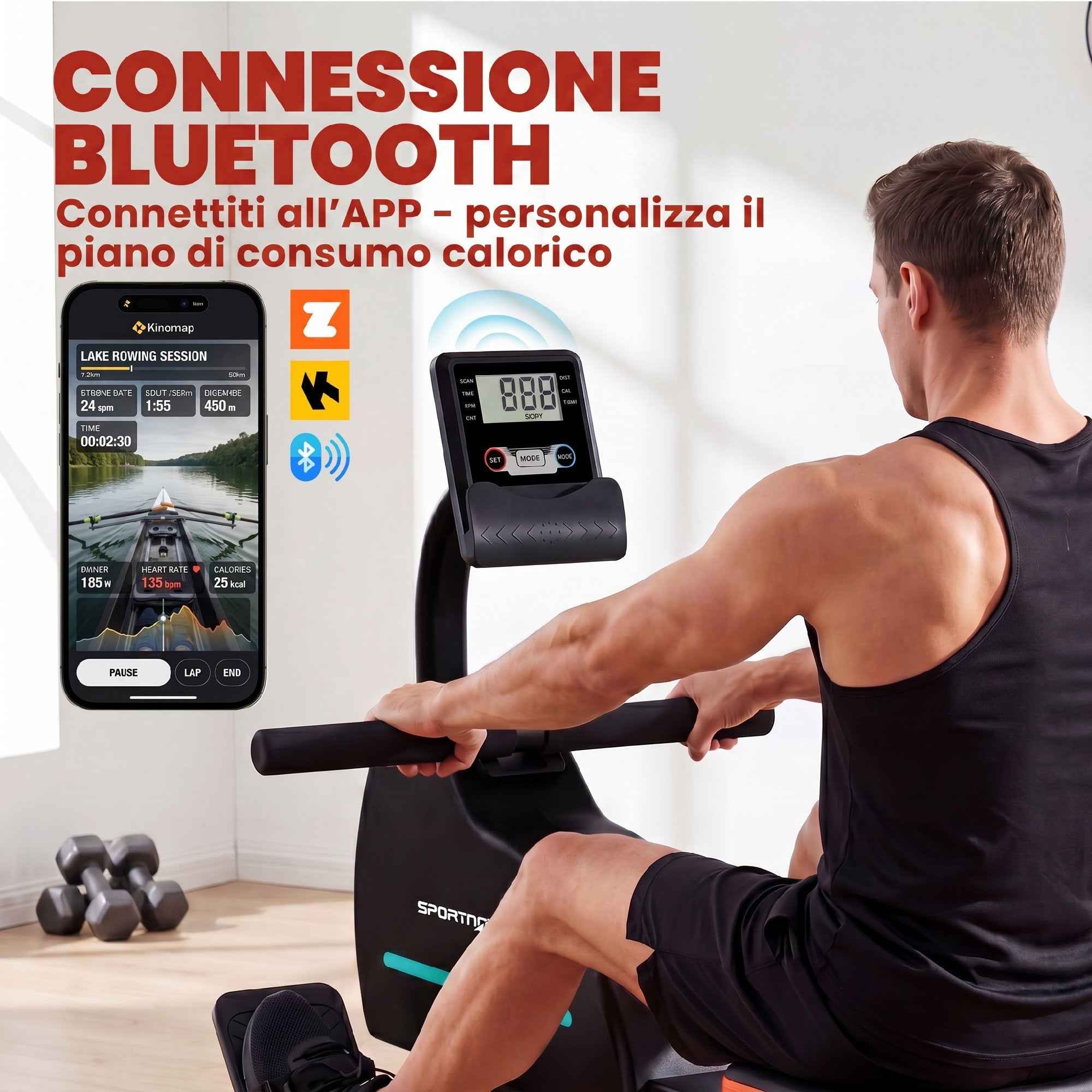 SPORTNOW Home Rowing Machine: 16 Resistance Levels, Bluetooth, APP Compatible.