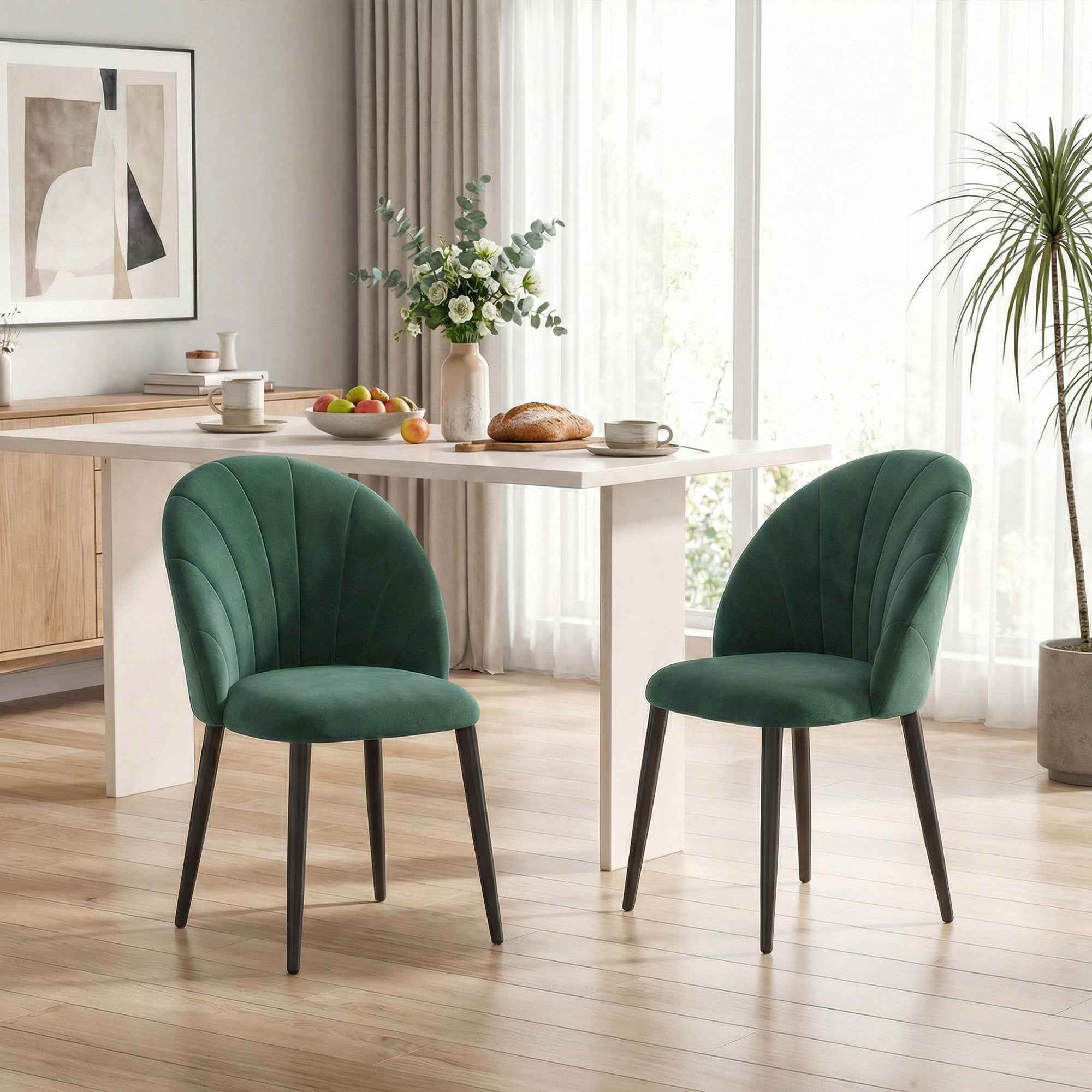 HOMCOM Set of 2 Velvet Shell-Back Dining Chairs, 52 x 55 x 79 cm, Dark Green