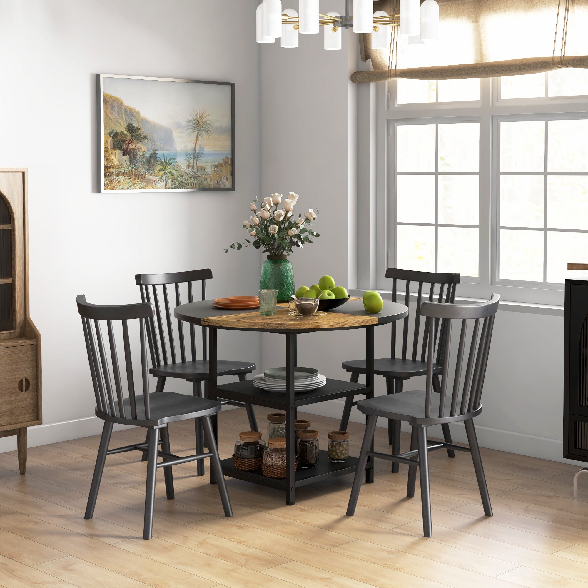 Homcom dining table for 4-6 people with 2 integrated shelves, in steel and mdf, Ø100x76 cm, black and brown - Borgè