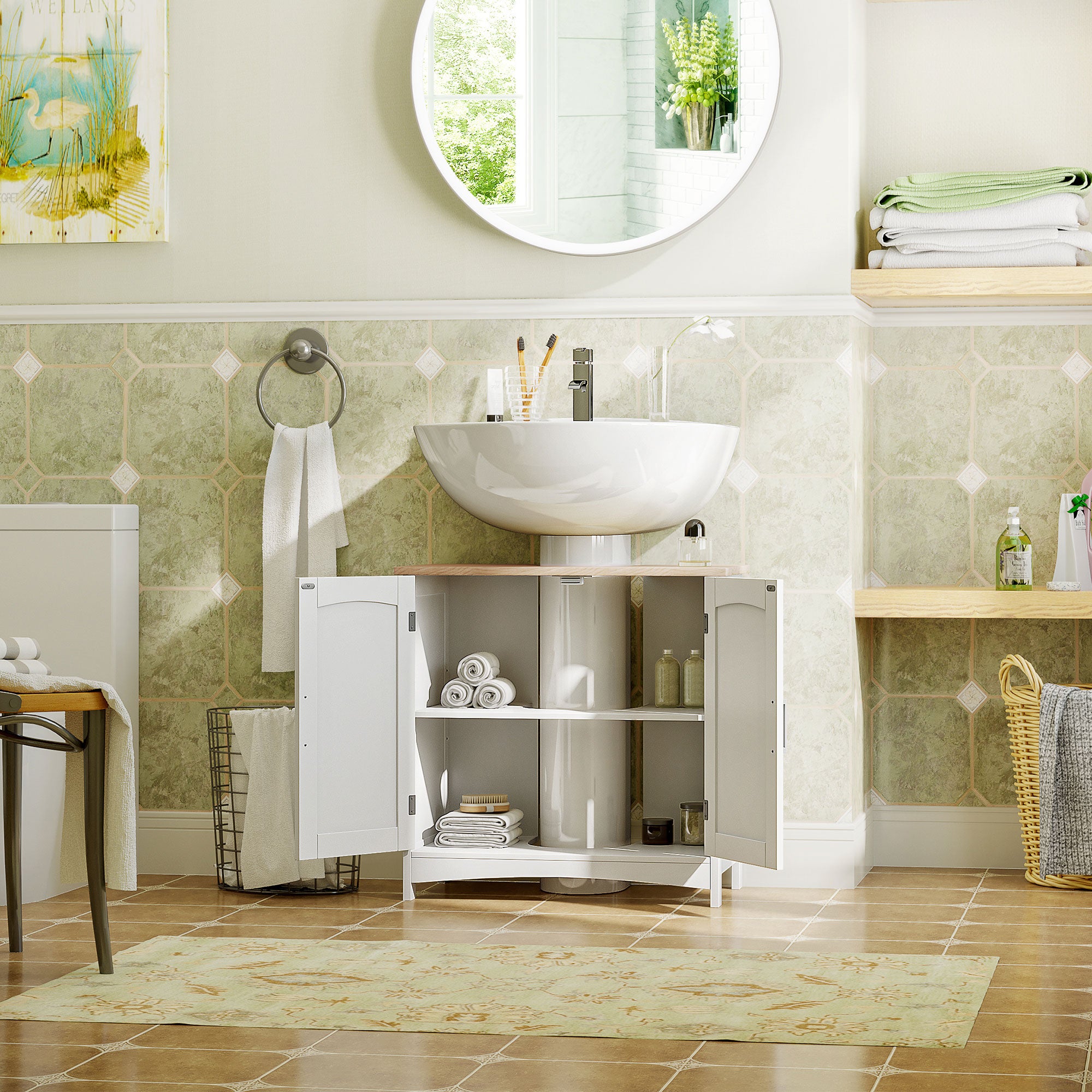 kleankin Bathroom Cabinet with 2 Doors and Adjustable Shelf, 60x33x60cm, Wood and White