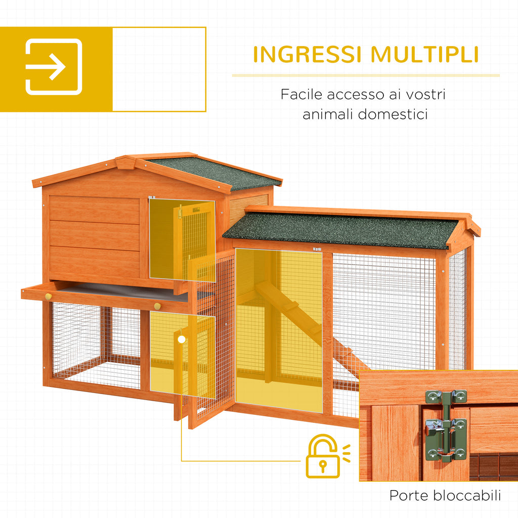 PawHut 2-Storey Outdoor Hutch in Fir Wood and Metal Wire, 150x45x85 cm, Orange - Borgè