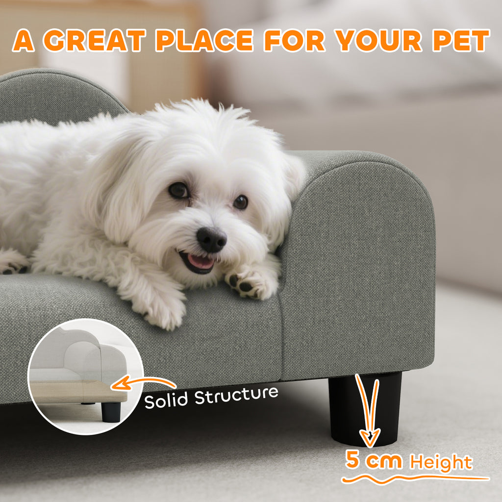Dog Sofa with Supportive Armrests, Wood and French Terry Fabric, 66x42x28.5 cm, Grey