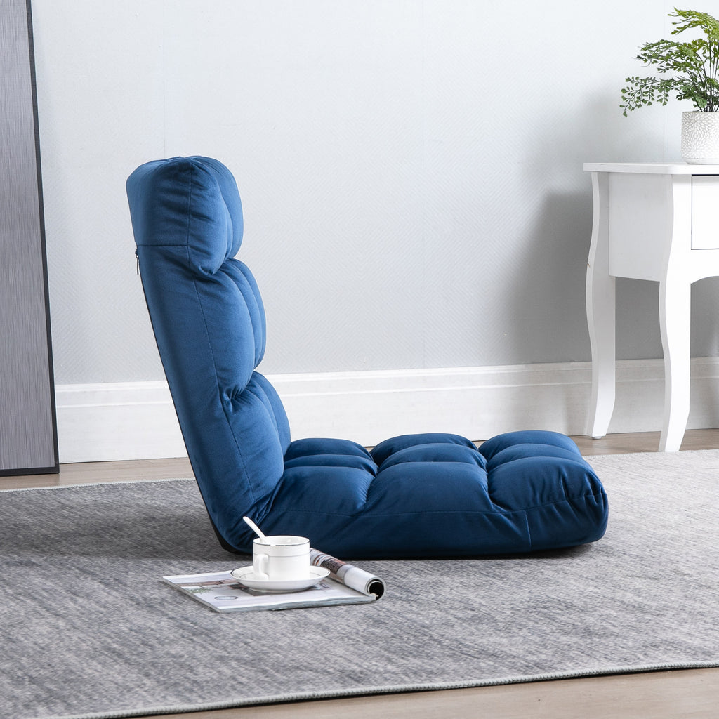 HOMCOM Velvet Floor Chair with 180° Reclining Backrest and Thick Padding, 55x71x53.5cm, Blue