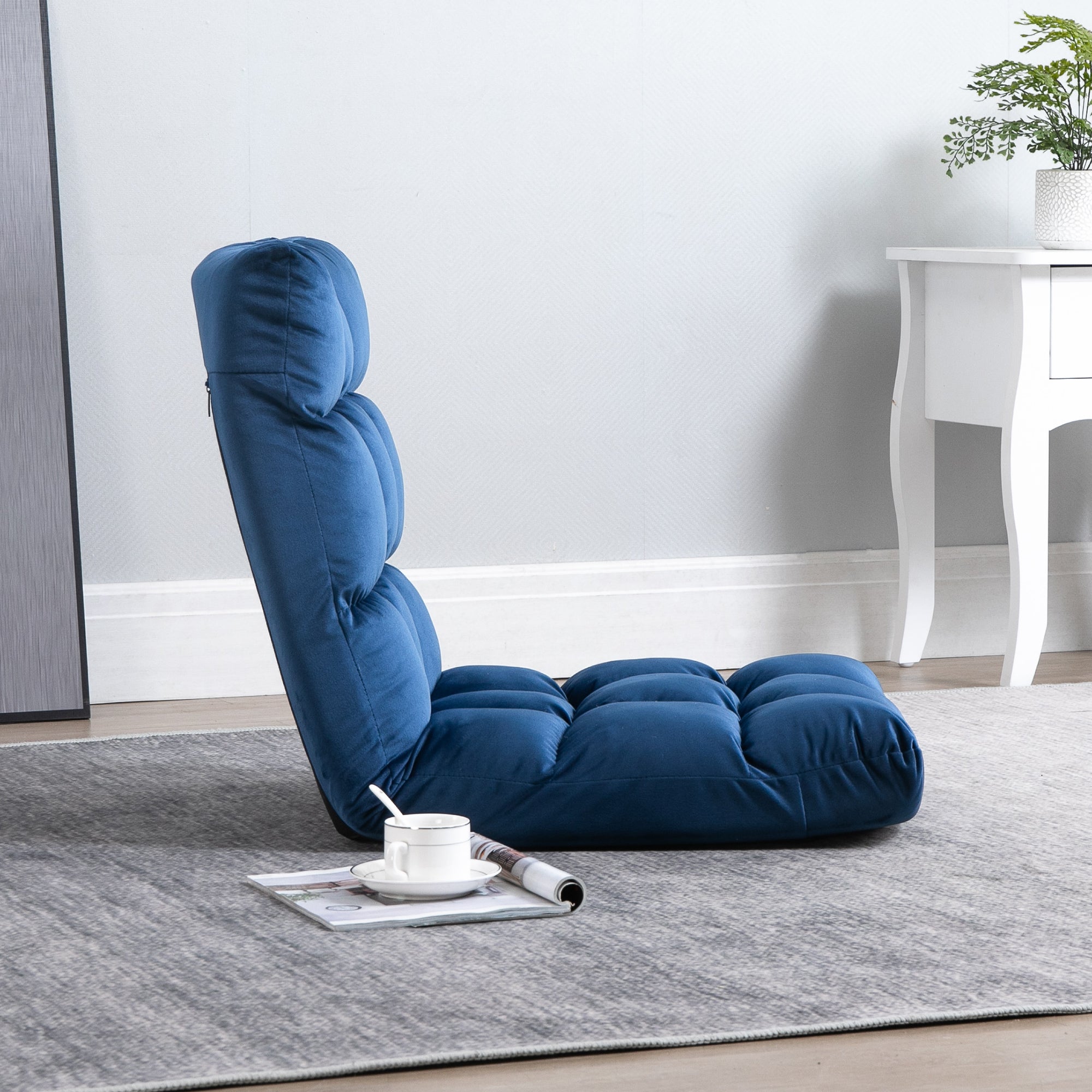 HOMCOM Velvet Floor Chair with 180° Reclining Backrest and Thick Padding, 55x71x53.5cm, Blue