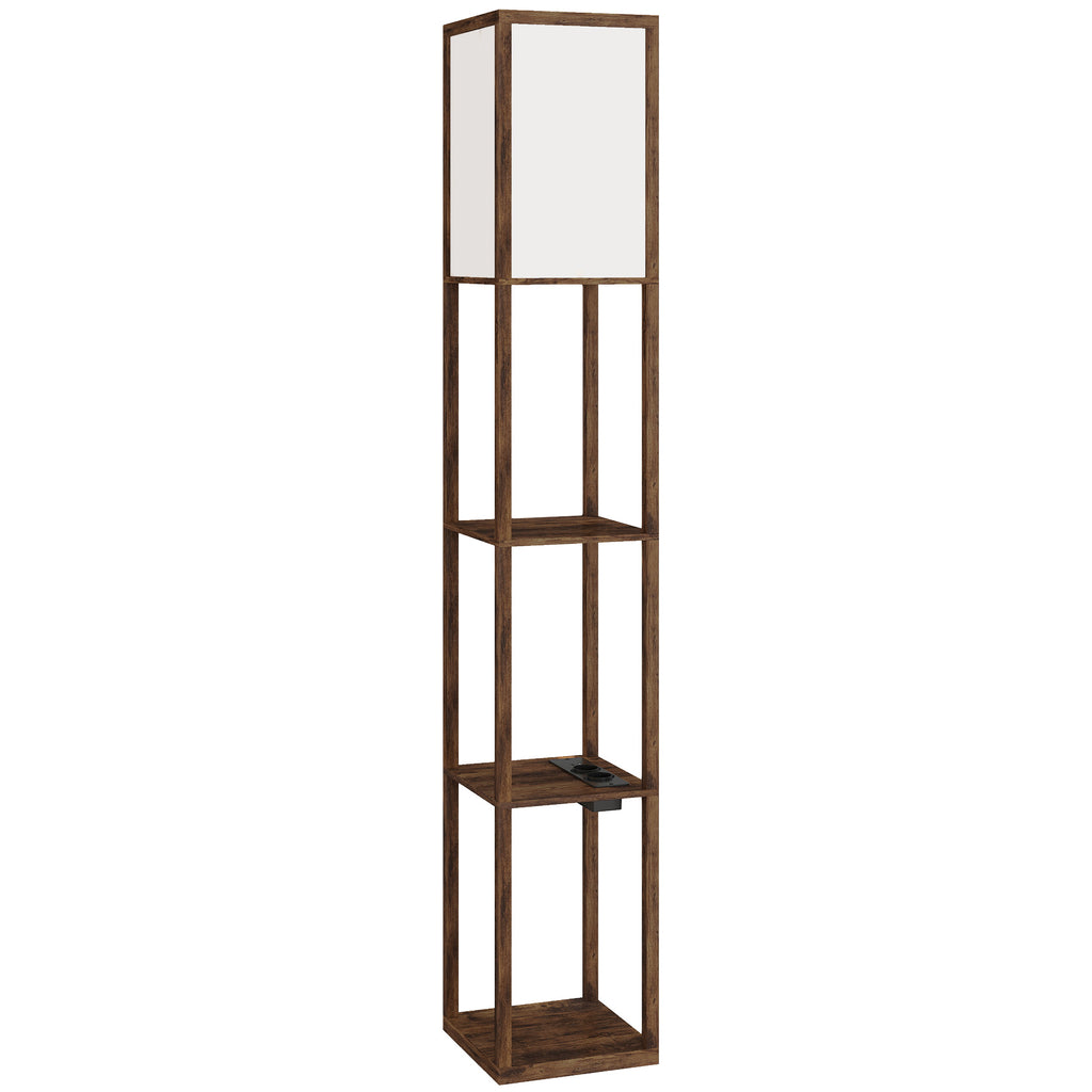 Floor Lamp with Shelves, Dimmable Light, Foot Switch and USB Ports, Brown