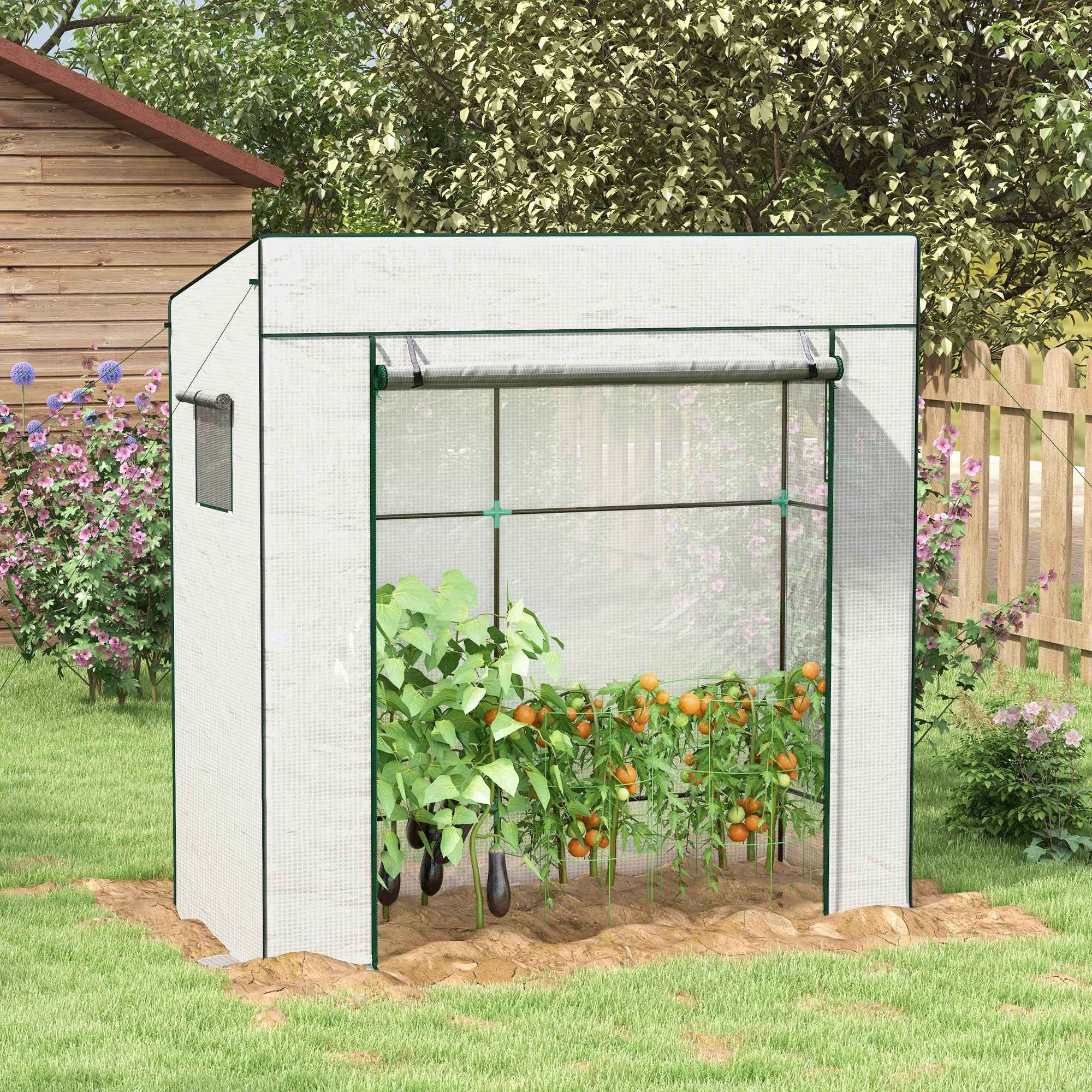Outsunny Greenhouse for Plants with 2 Side Mesh Windows and Roller Door, in PE and Steel, 196x77x197 cm, White