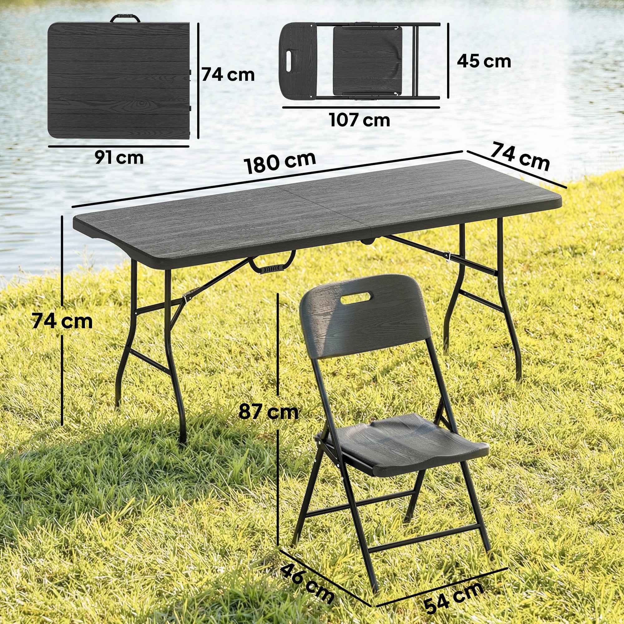 Outsunny 5-Piece Camping Table and Chair Set with Folding Table and 4 Chairs, in HDPE and Black Metal