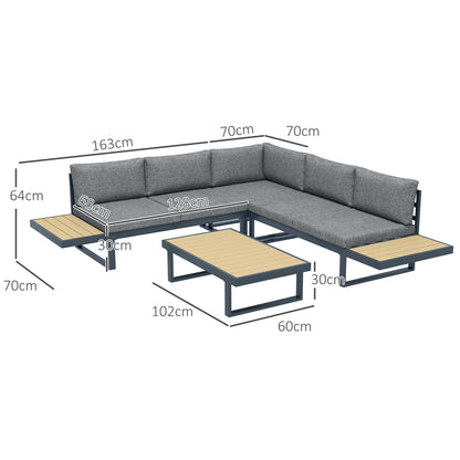 4-piece garden set in aluminum with 2 sofas, corner armchair and coffee table, gray and teak - Borgè