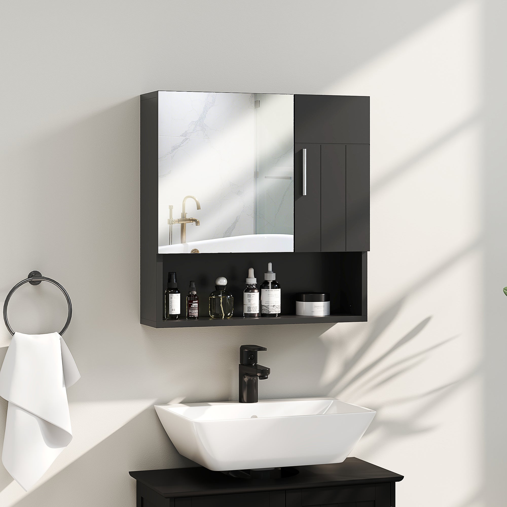 Wooden Bathroom Mirror Cabinet with Adjustable Shelves and Open Shelf, 54x15.2x55.3 cm, Black