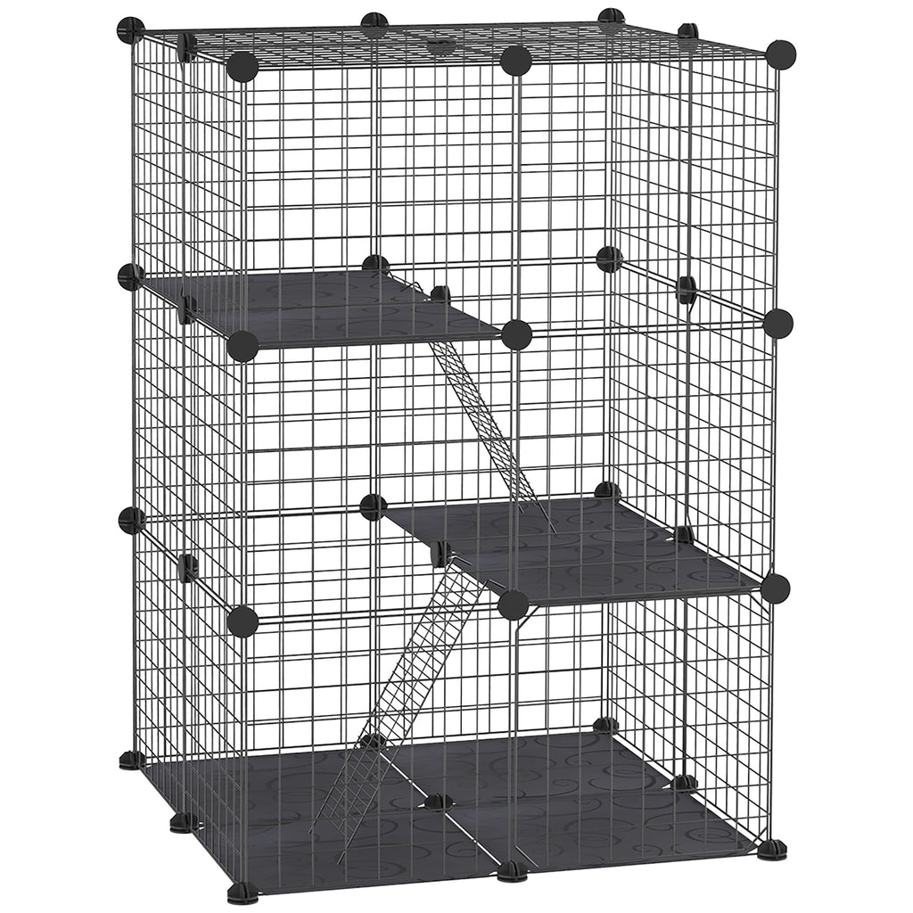 Modular Rabbit and Guinea Pig Cage with 3 Doors and Steel Wire, Black