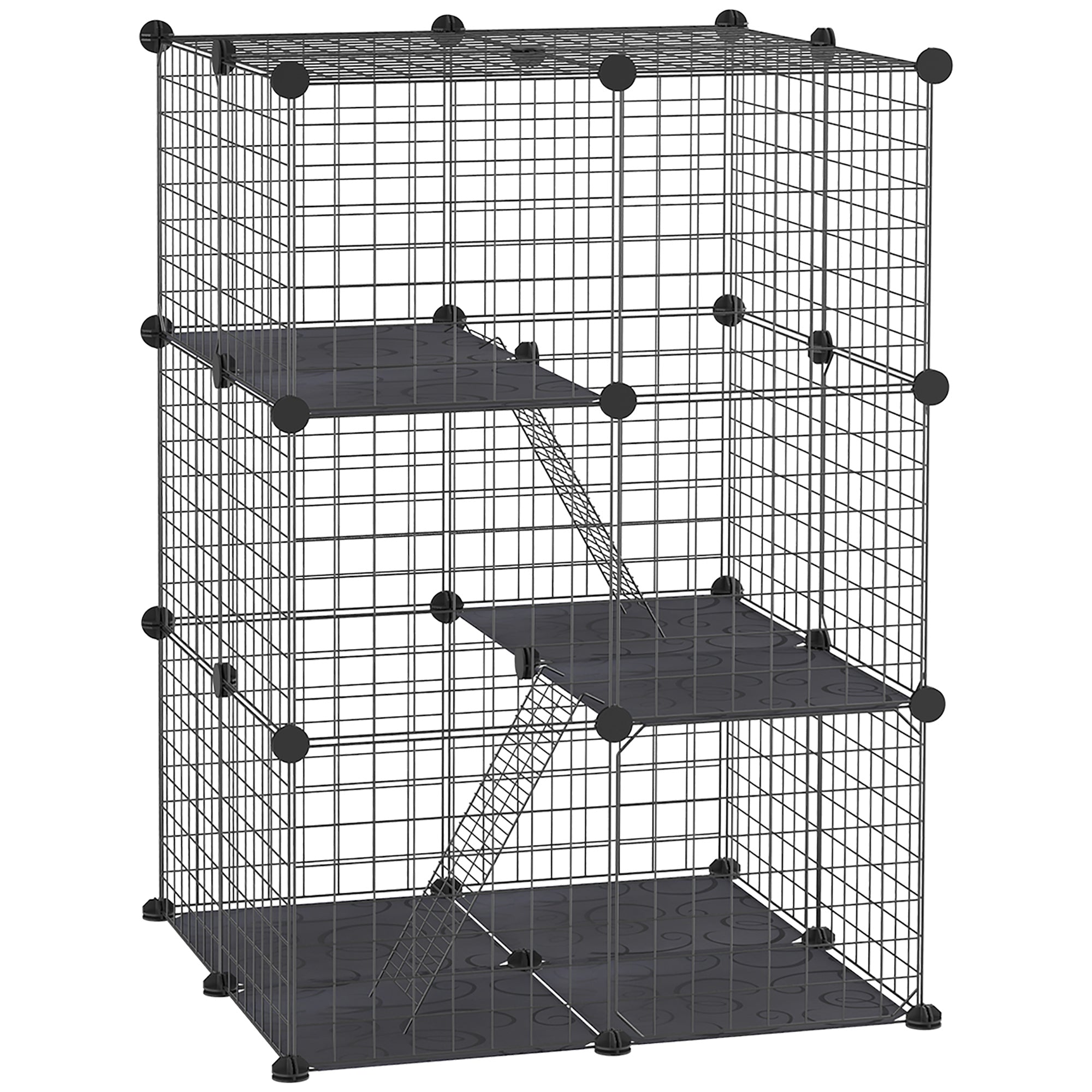 Modular Rabbit and Guinea Pig Cage with 3 Doors and Steel Wire, Black