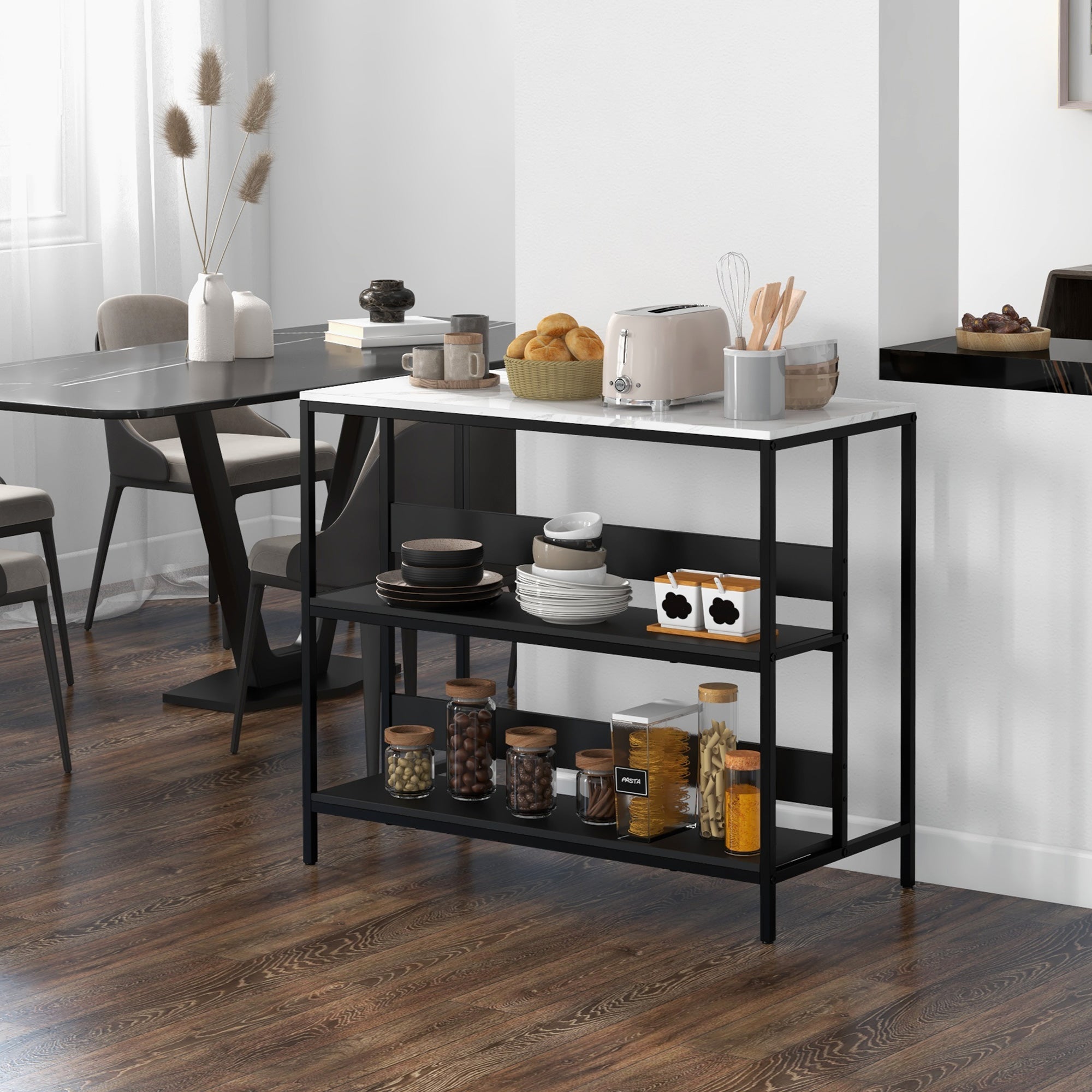 Homcom kitchen island with shelves, marble effect and metal structure, 100x50x90cm, black and white - Borgè
