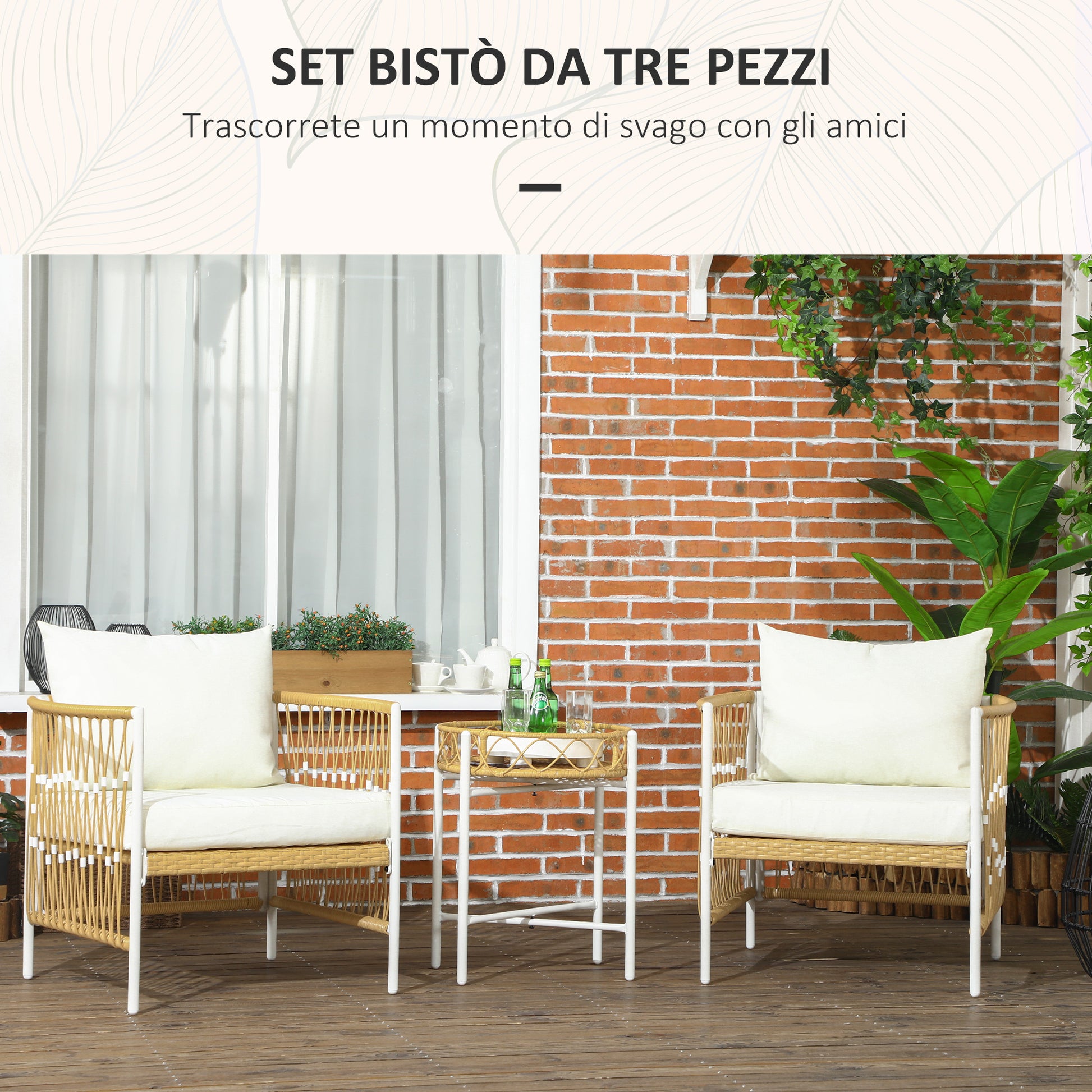 Boho Style Rattan Garden Set with 2 Chairs with Cushions and Round Table, Yellow - Borgè