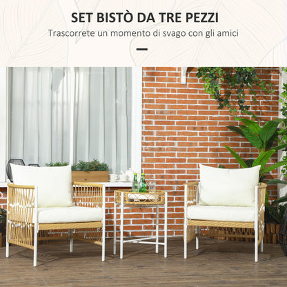 Boho Style Rattan Garden Set with 2 Chairs with Cushions and Round Table, Yellow - Borgè