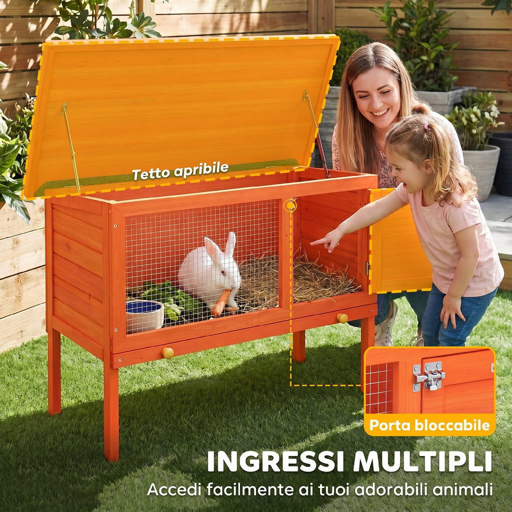 PawHut Outdoor Rabbit Hutch in Pine Wood with Removable Tray, Opening Roof and Lockable Door, Orange