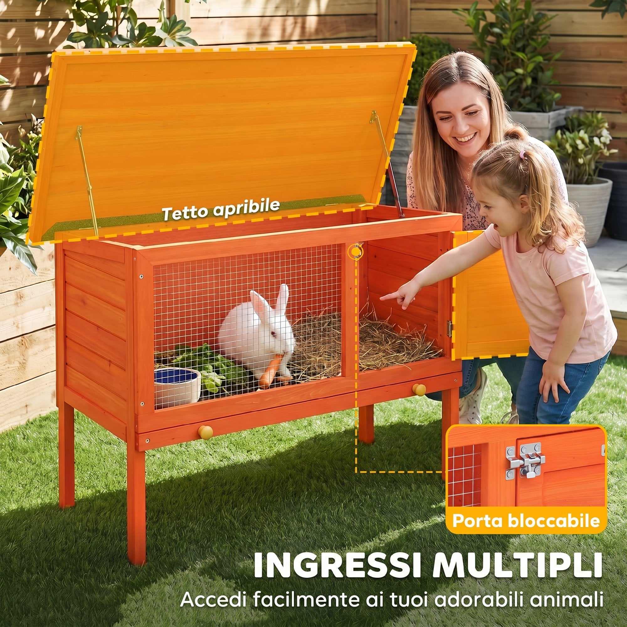PawHut Outdoor Rabbit Hutch in Pine Wood with Removable Tray, Opening Roof and Lockable Door, Orange