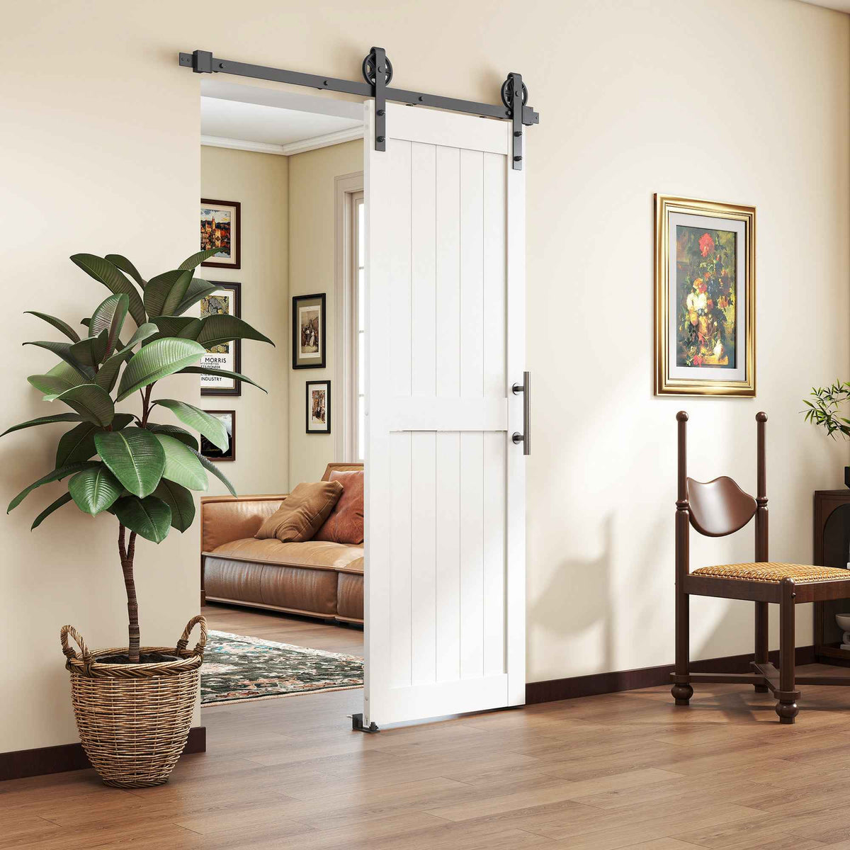 HOMCOM Country Style Sliding Door with Track and Handle in Wood and Steel, 71.5x213.4 cm, Black and White
