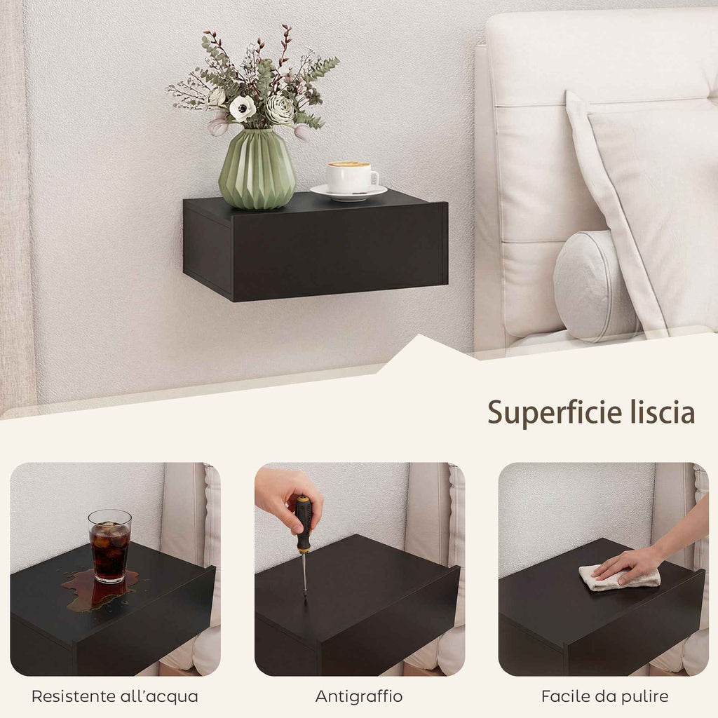 HOMCOM Set of 2 Modern Floating Bedside Tables with Wooden Drawer, 40x30x15cm, Black