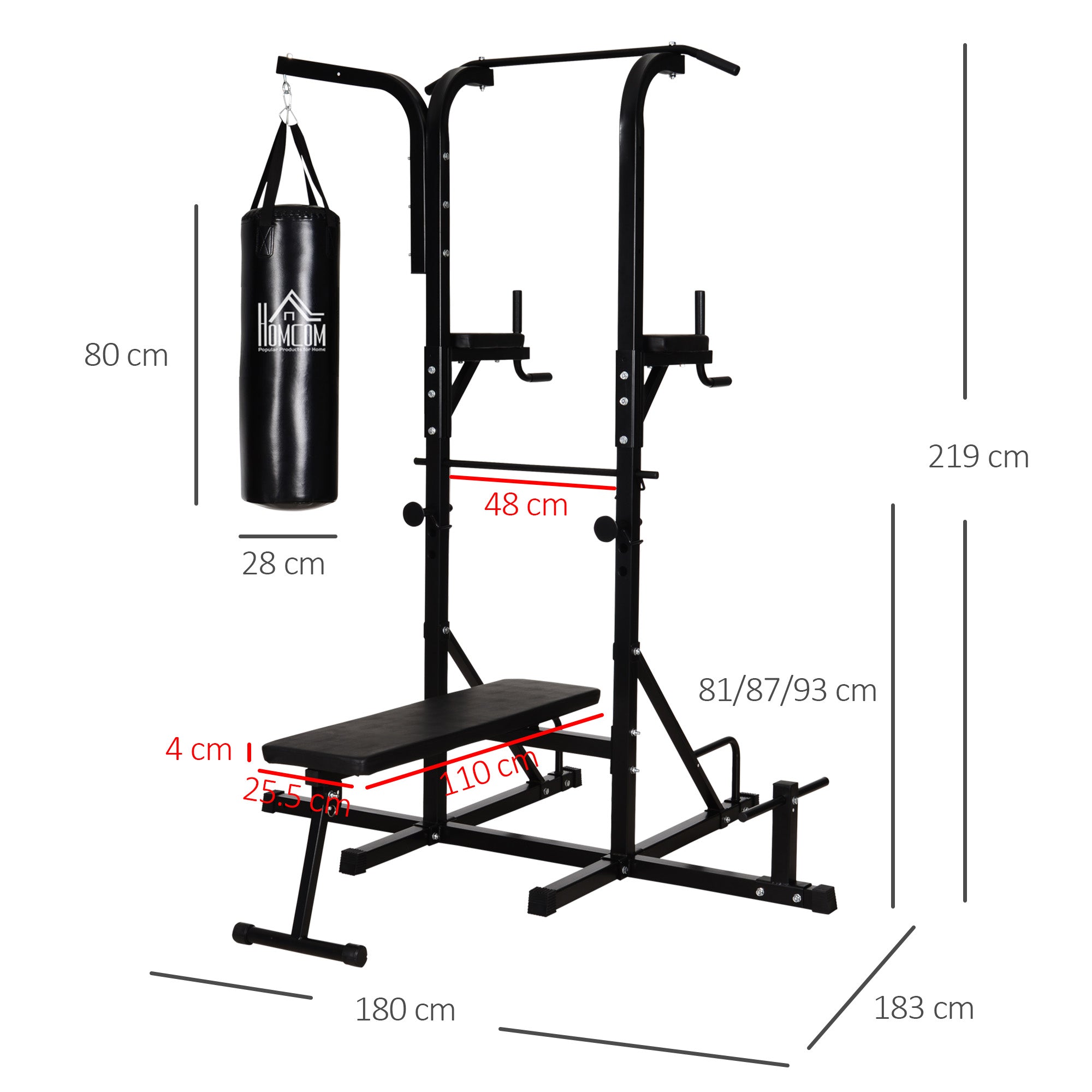 Power Tower with Bench and 20kg Punching Bag, Black Steel Multi-Purpose Station for Total Body Training