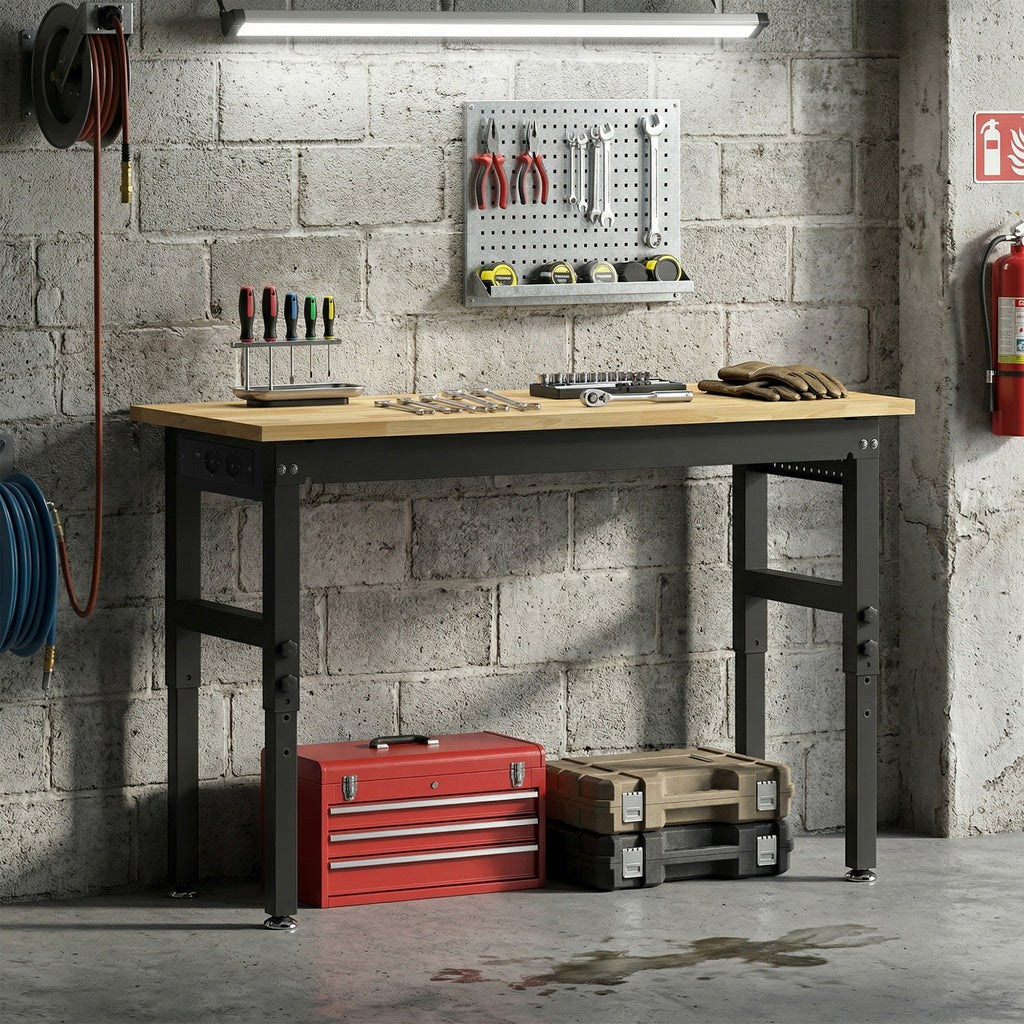 HOMCOM Height-Adjustable Wood and Steel Workbench, 2 AC Outlets, 900 kg Capacity, Wood and Black Color