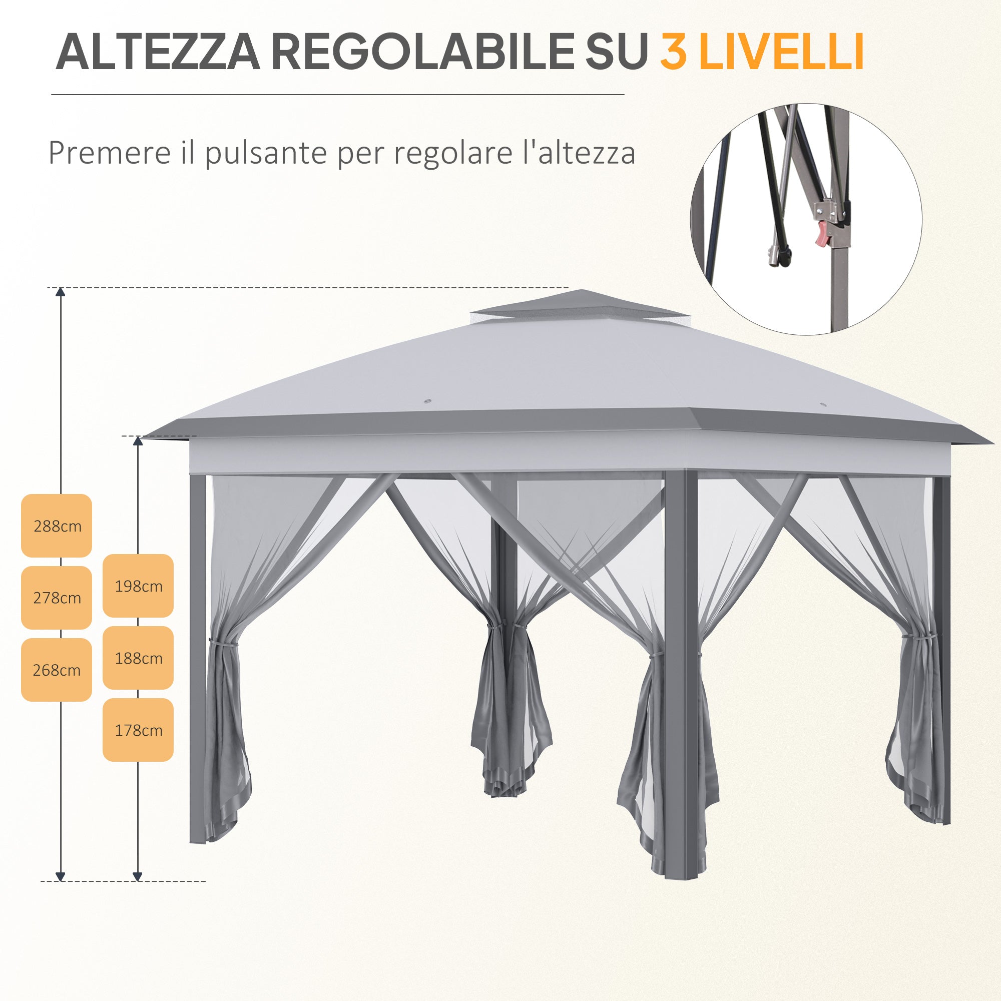 Outsunny Adjustable Height Folding Outdoor Gazebo with Mosquito Nets, 3.3 x 3.3 x 2.8 m, Grey