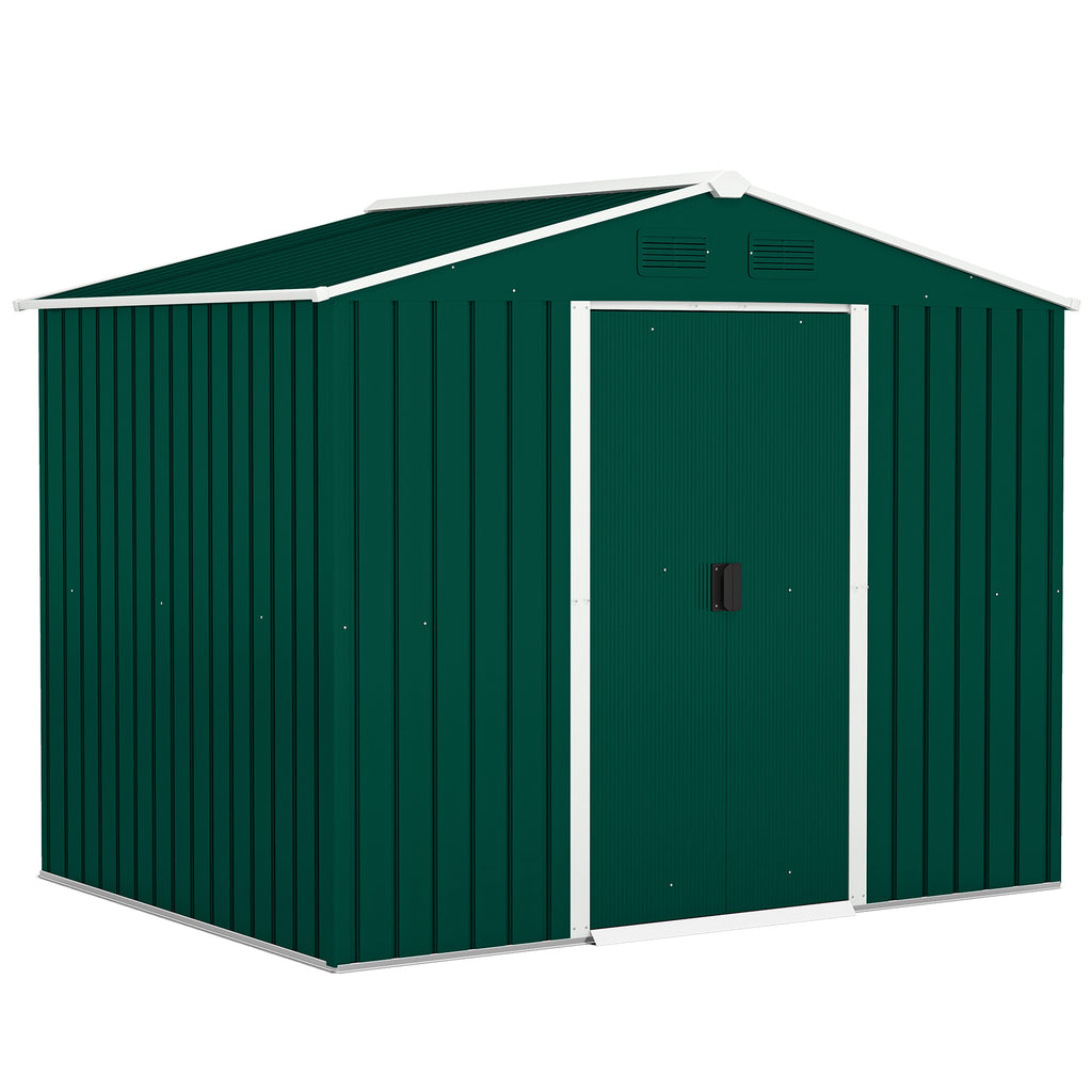3.6m² Steel Sheet Garden Shed with 2 Sliding Doors and 4 Air Vents, 236x174x190cm, Green