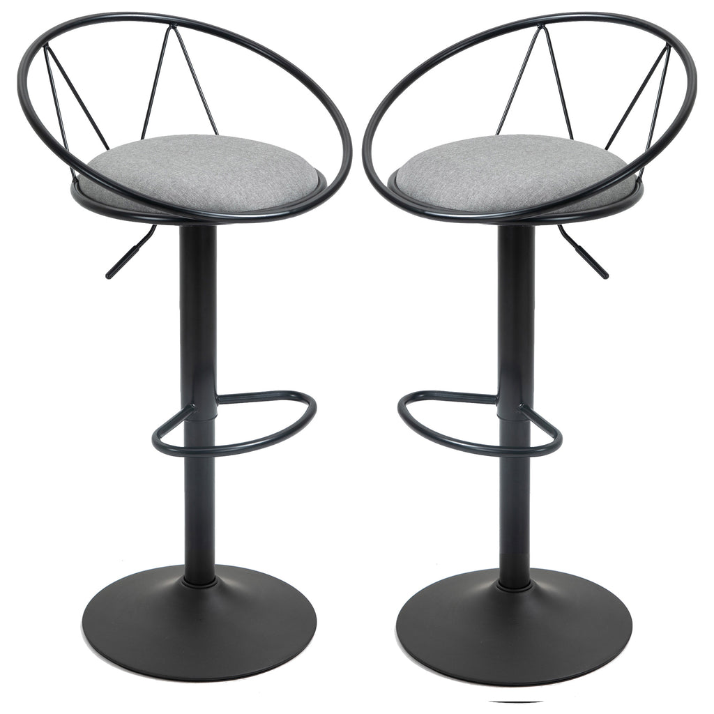 Set of 2 Bar Stools with Backrest and Footrest, Adjustable Height and Padded Seat, Grey