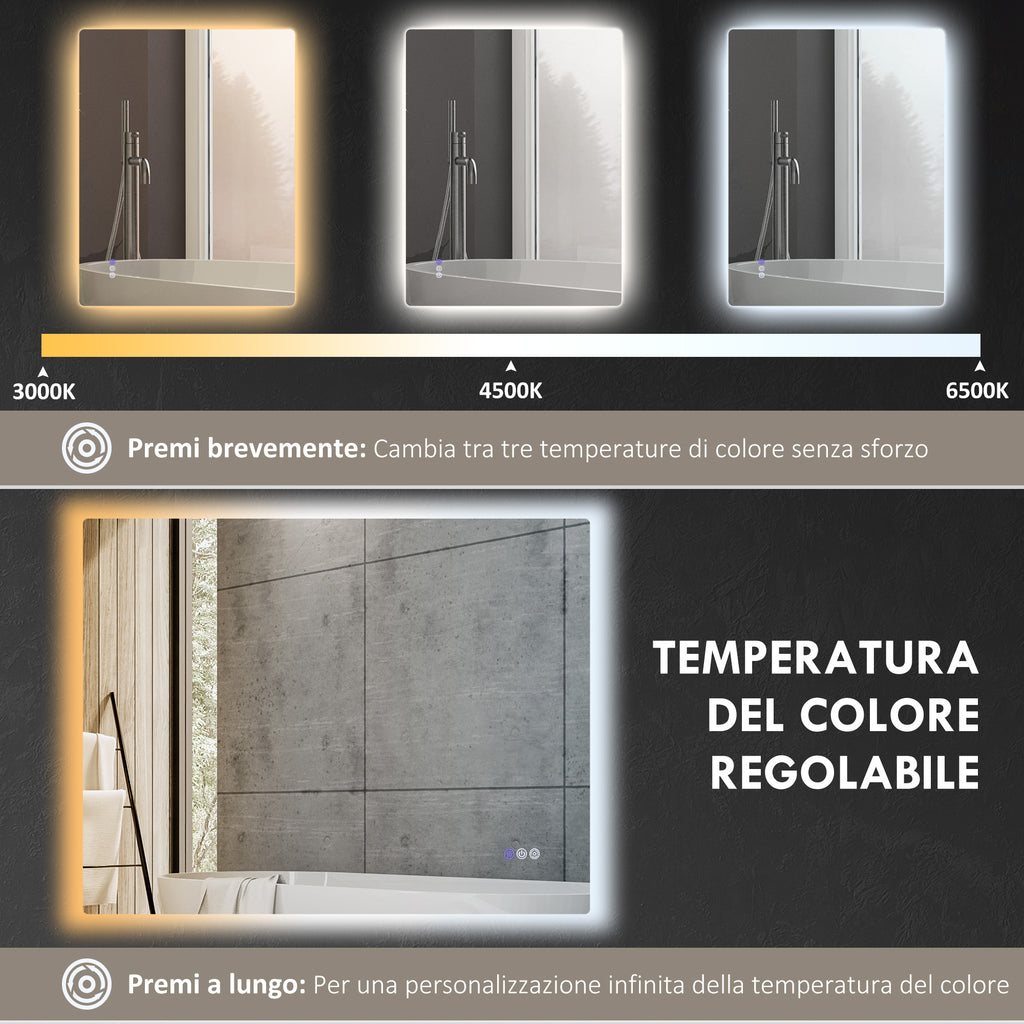 Anti-fog Bathroom Mirror with Adjustable Brightness and Color, Glass and Aluminum Alloy, 80x60x4 cm