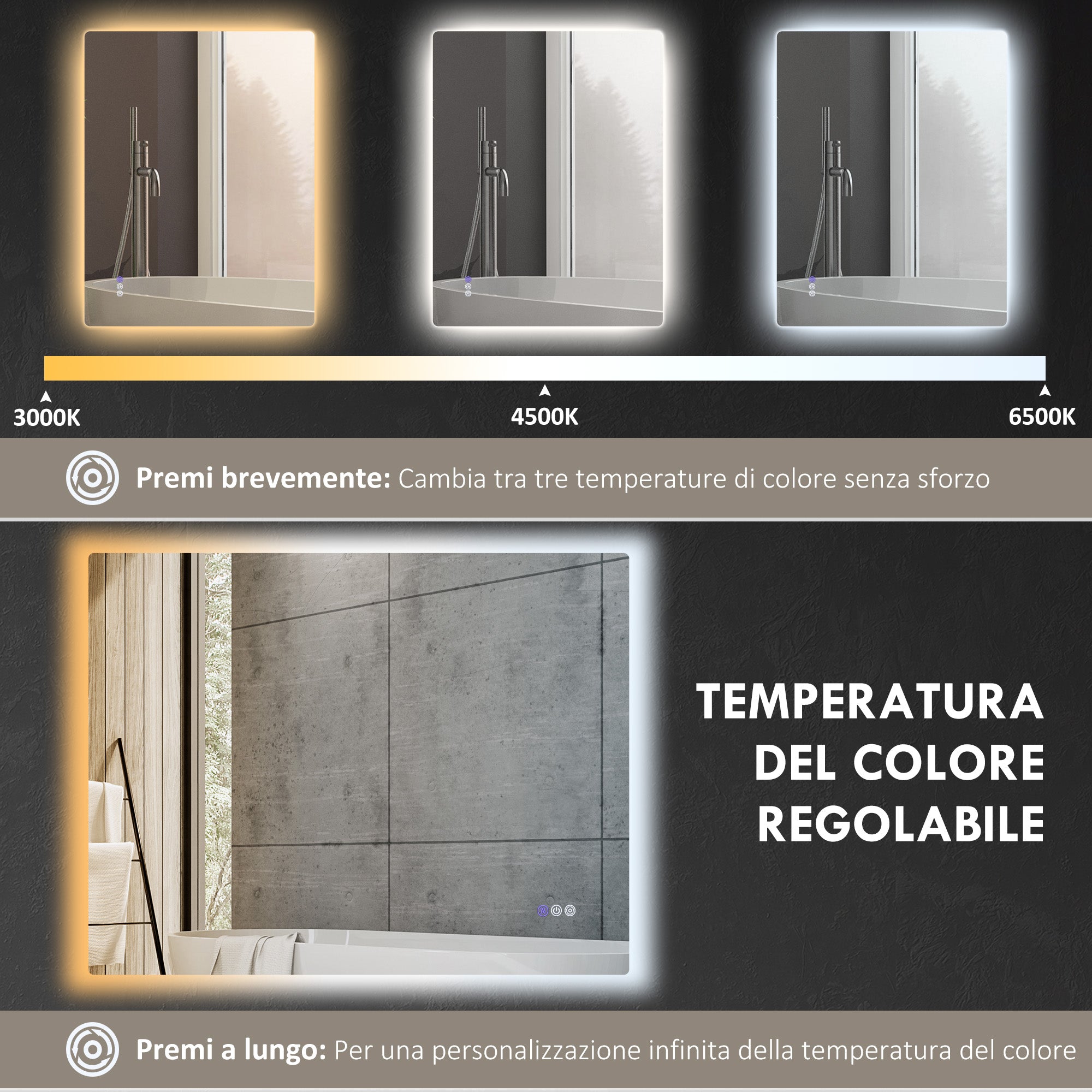 Anti-fog Bathroom Mirror with Adjustable Brightness and Color, Glass and Aluminum Alloy, 80x60x4 cm
