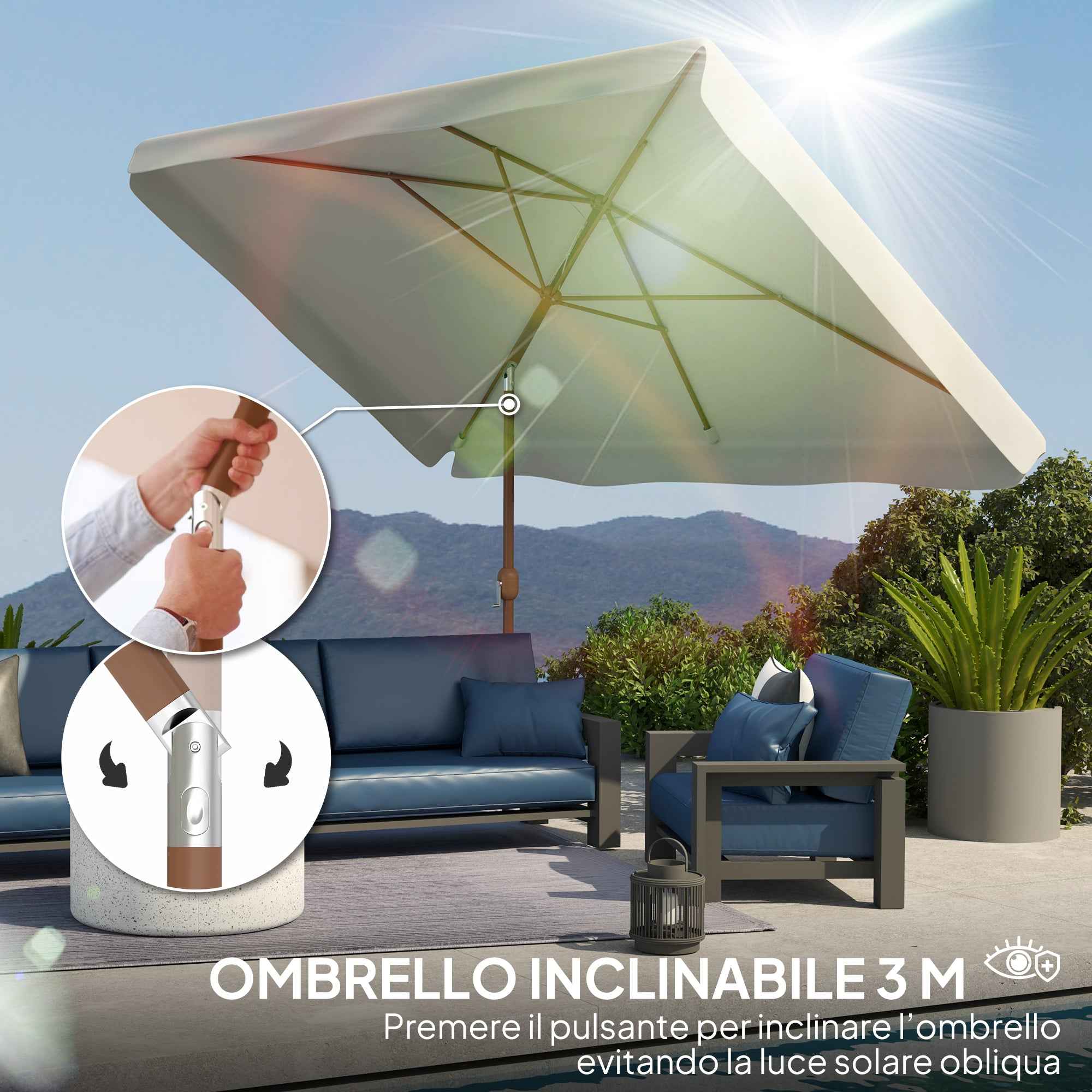 Outsunny 2x3m Rectangular Garden Umbrella with Crank Handle, Metal and Polyester, Cream