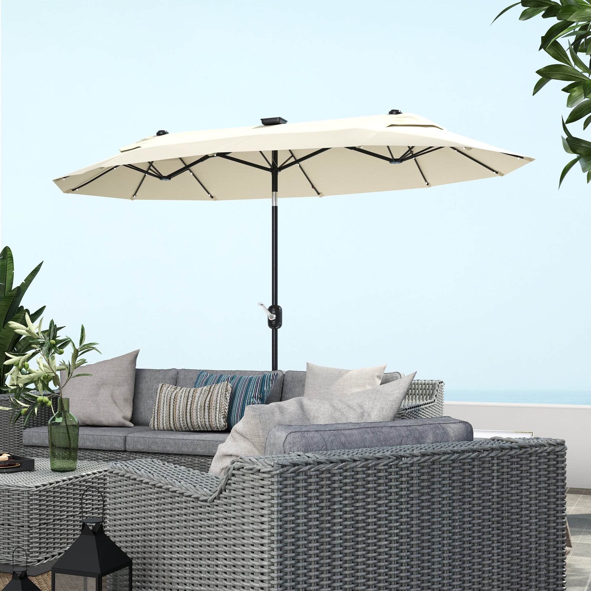 Double Parasol with LED Lights and Cross Base, in Polyester and Steel, 295x150x219 cm, Cream White