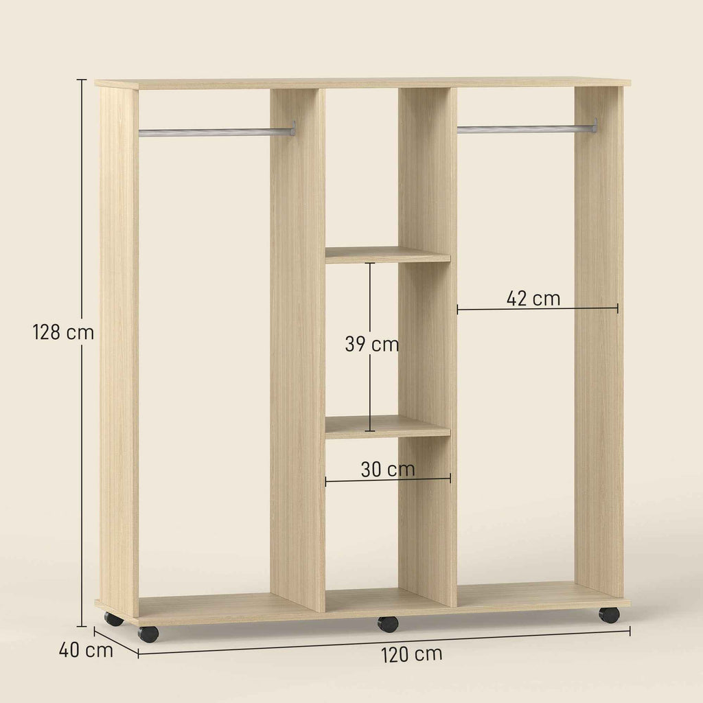 HOMCOM Wardrobe with Wheels, 2 Rods, and 3 Open Shelves, Made of Wood and Aluminum, 120x40x128 cm, Wood Color