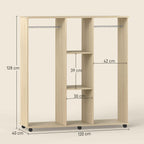 HOMCOM Wardrobe with Wheels, 2 Rods, and 3 Open Shelves, Made of Wood and Aluminum, 120x40x128 cm, Wood Color