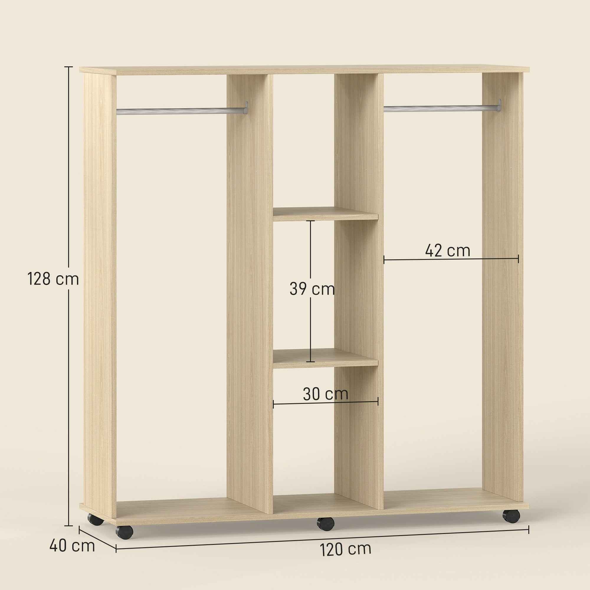HOMCOM Wardrobe with Wheels, 2 Rods, and 3 Open Shelves, Made of Wood and Aluminum, 120x40x128 cm, Wood Color
