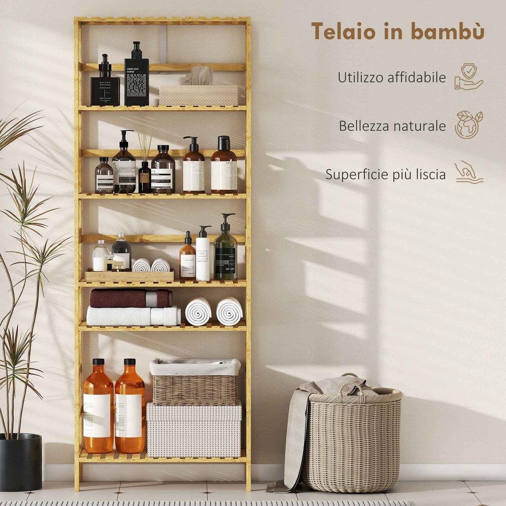 HOMCOM 6-Tier Bamboo Bookshelf with Adjustable Shelves, 60x26x161cm, Natural Wood