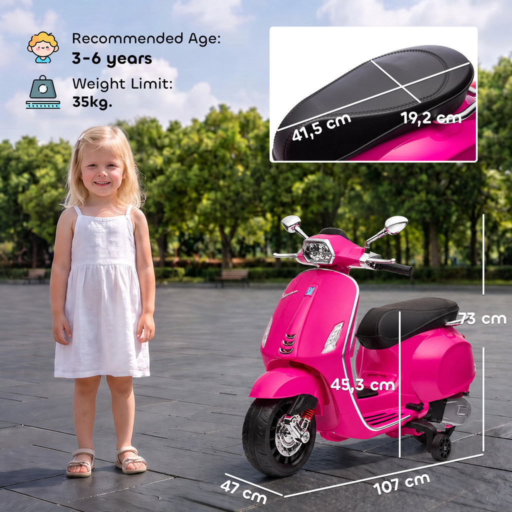 AIYAPLAY Licensed Children's Electric Motorcycle Vespa with Training Wheels, Headlight and Music, Made of PP and Metal, 107x47x73 cm, Pink