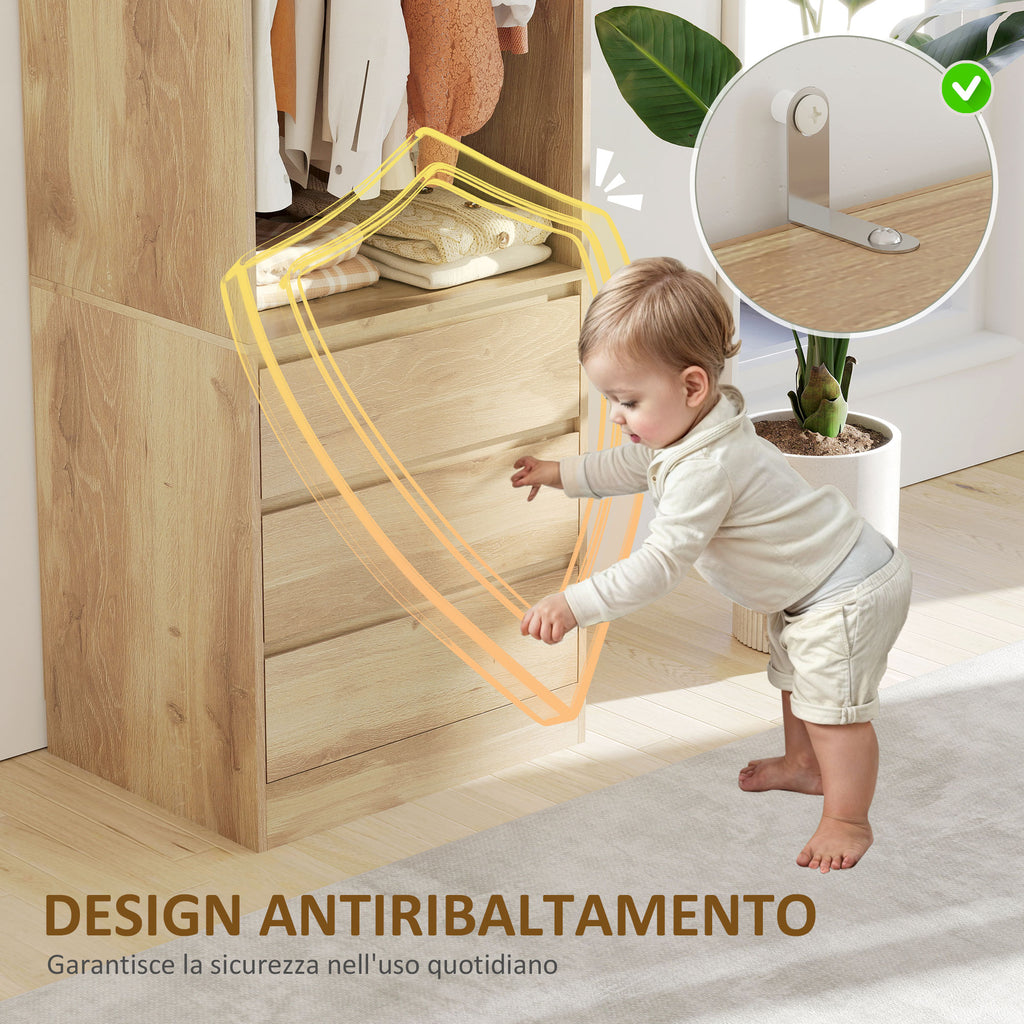 Wardrobe with Clothes Rail, Open Shelf and 3 Drawers, in Wood, 60x48.5x185 cm, Teak color