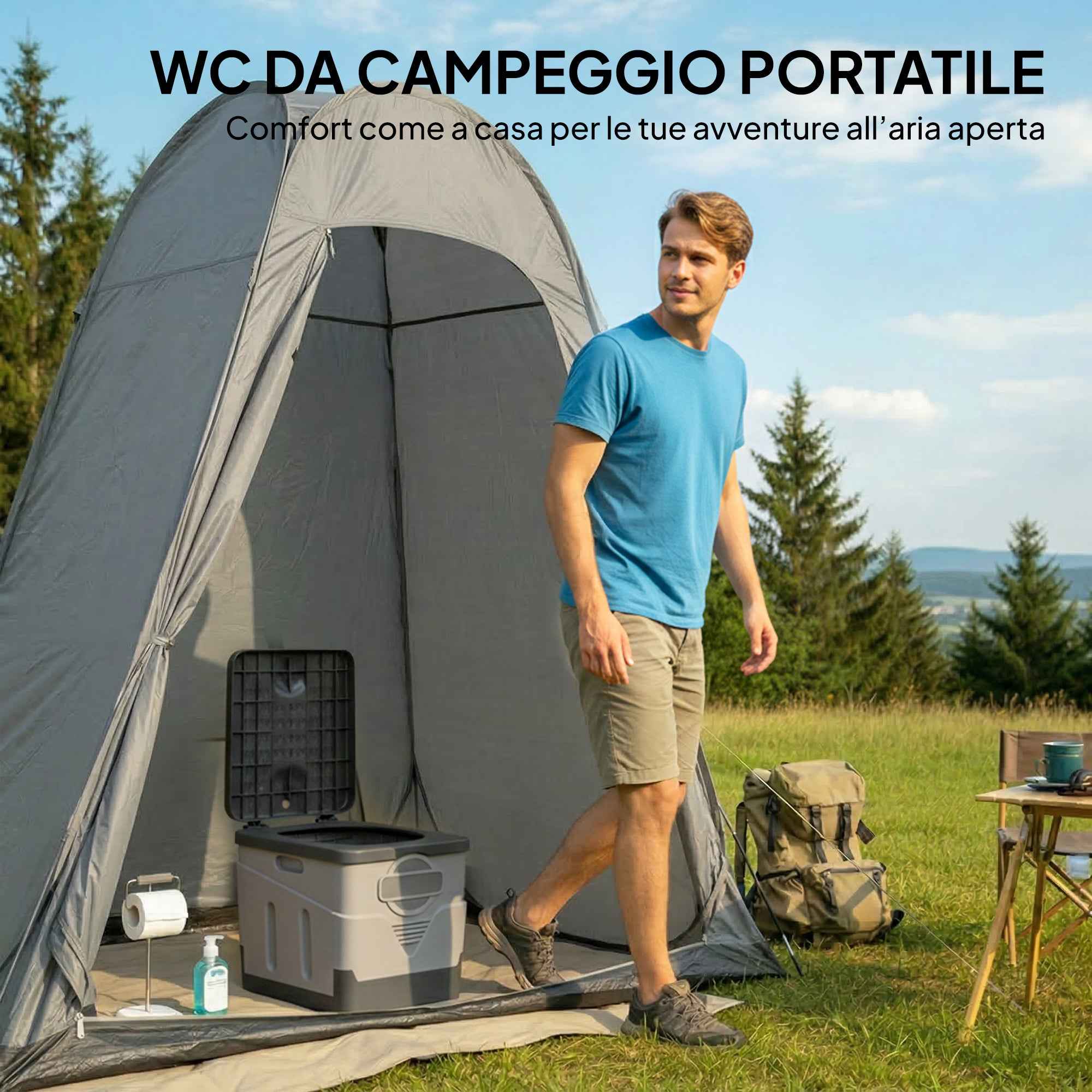 Outsunny Portable Camping Toilet with 12 Clotting Packets and 12 Disposal Bags, 34x29x20 cm, Dark Grey