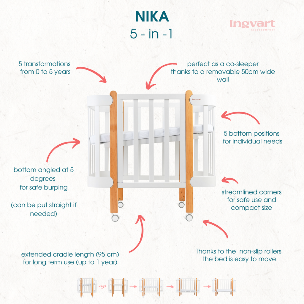 NIKA Convertible Cot – All White - Grows with Your Child from Birth to 5 Years