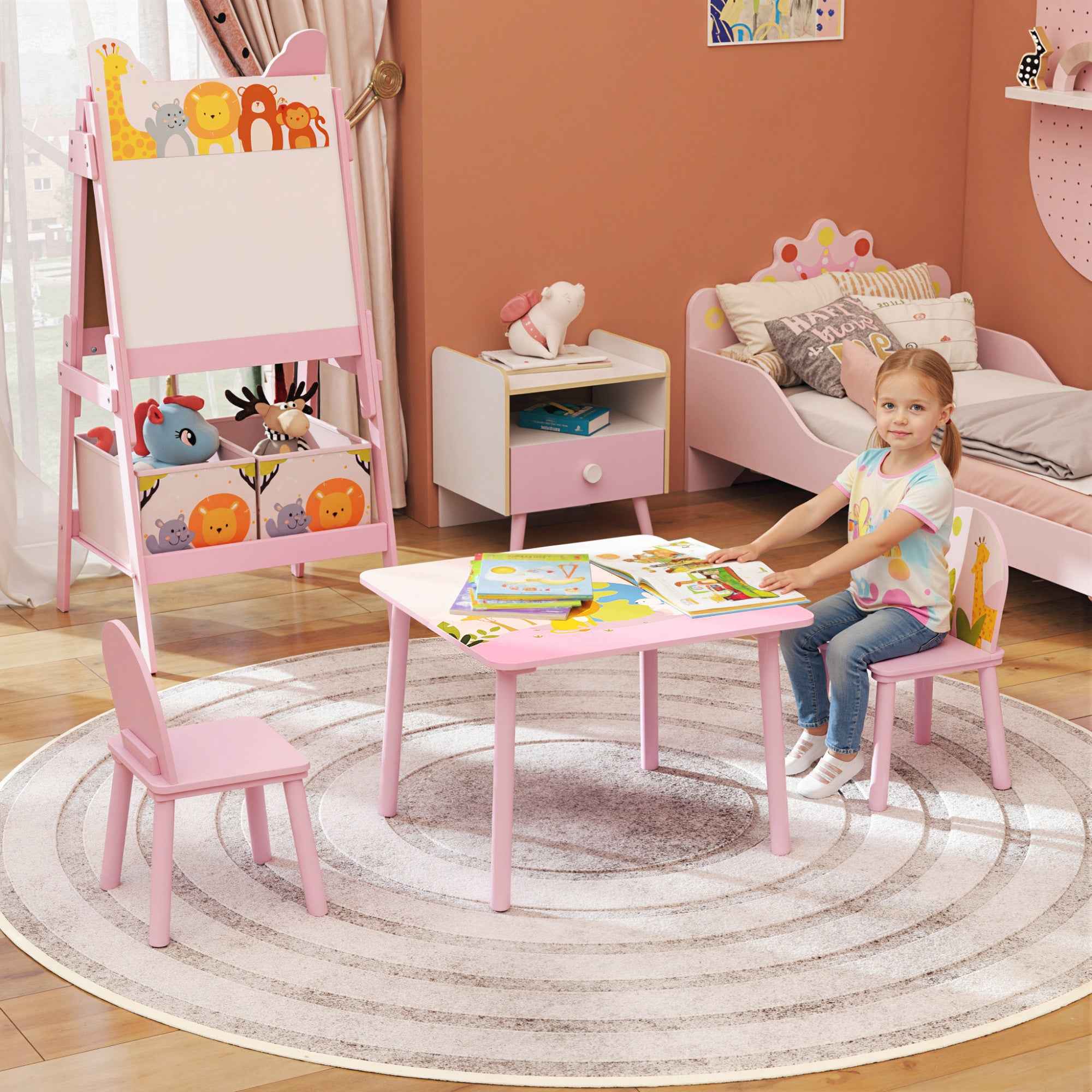 AIYAPLAY Children's Table and Chair Set for 3-8 Years Old with Animal Patterns and Rounded Edges, in MDF and Pink Pine Wood