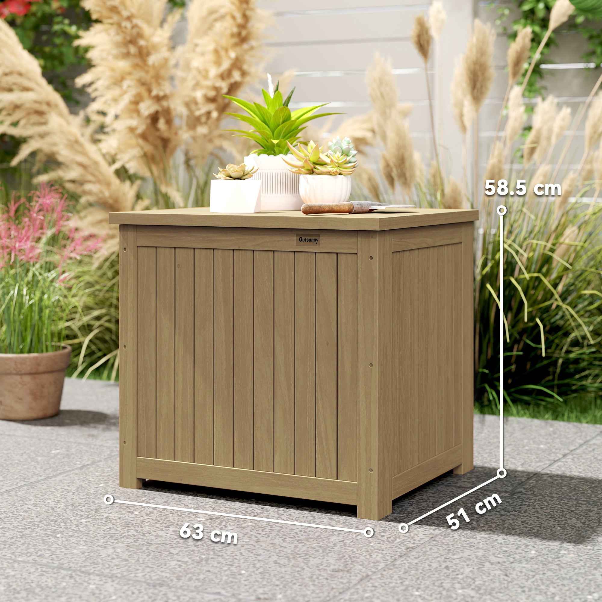 Outsunny 130L Outdoor Storage Chest with Lid, Hinges and Strap, Wooden, 63x51x58.5 cm, Brown