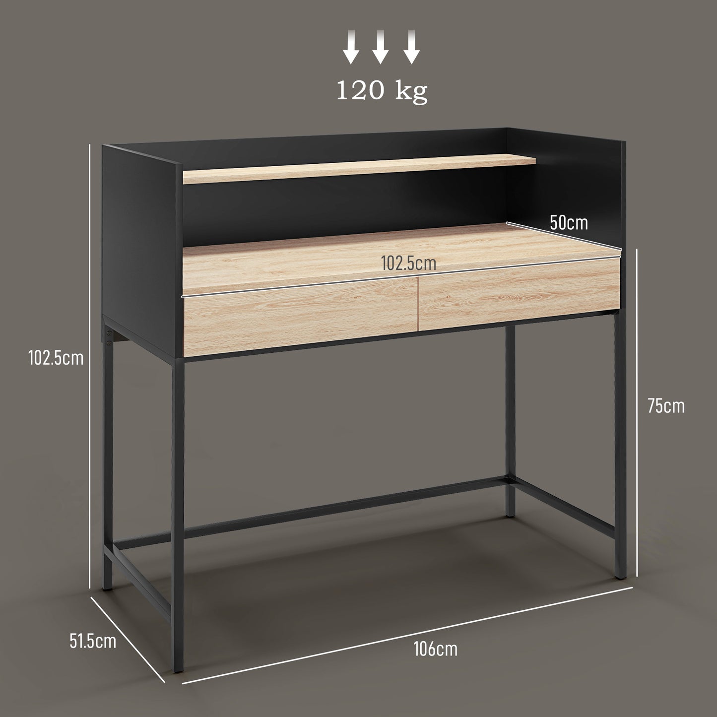 2 Drawer Desk with Top Shelf, Wood and Steel, 106x51.5x102.5 cm, Black and Oak Color