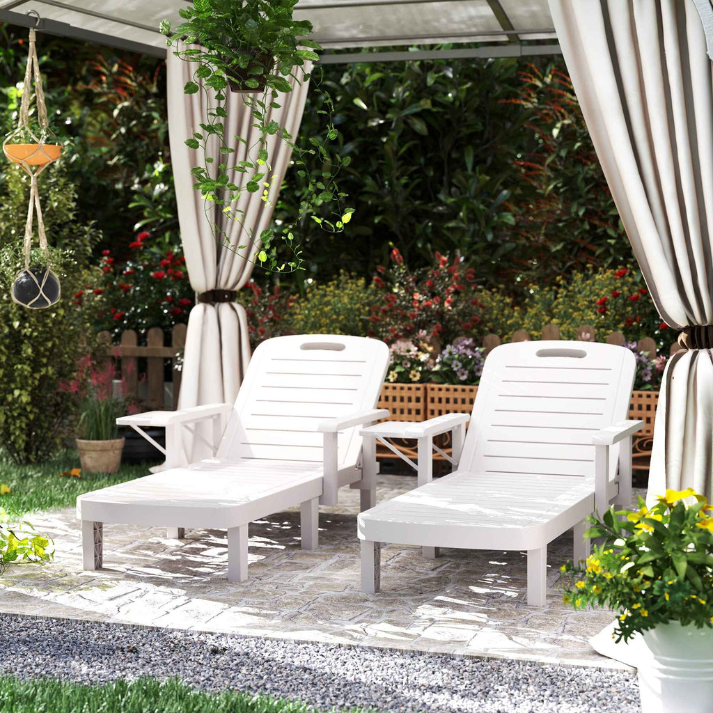 Outsunny Set of 2 Adjustable Garden Loungers with Table and Armrests, in Polypropylene, 79x158x88 cm, White