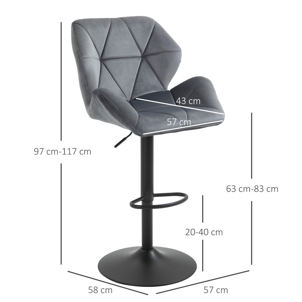 HOMCOM Set of 2 Velvet Bar Stools with Adjustable Height, Swivel Kitchen Stools with Backrest and Footrest, Grey