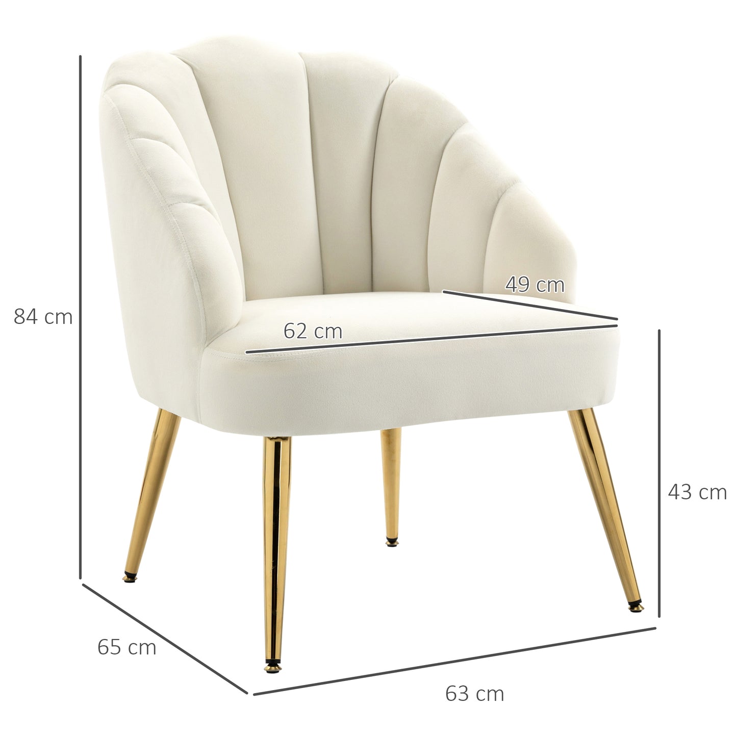 Velvet Upholstered Chair with Shell Backrest for Bedroom and Living Room, 63x65x84cm, Beige