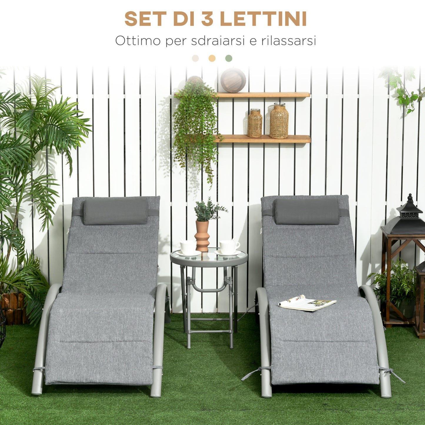 Set of 2 Reclining Sun Loungers on 4 Levels and Folding Table, Grey